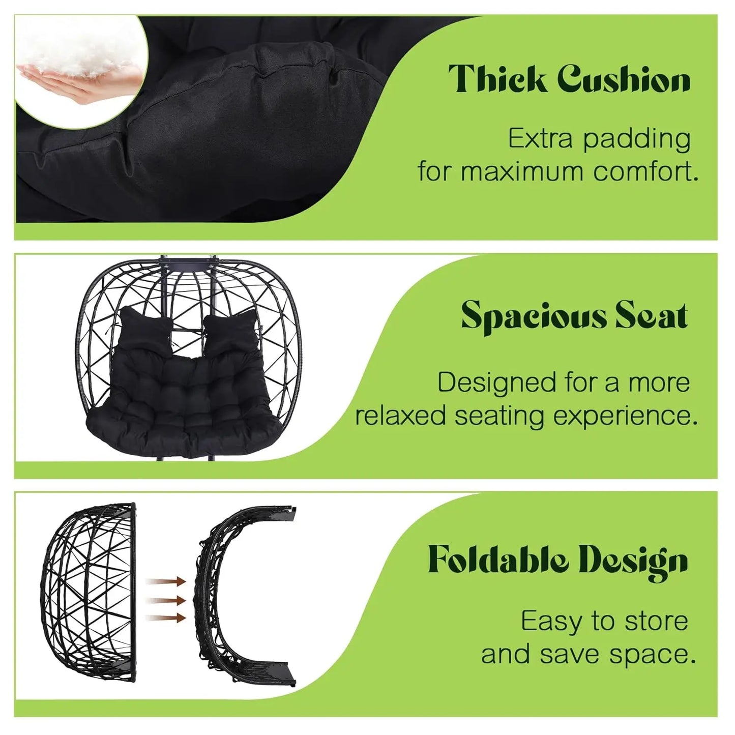 Double Swing Egg Chair with Stand, Oversized 2 Person Indoor Outdoor Wicker Patio Basket Hanging Chair with Black, Customized