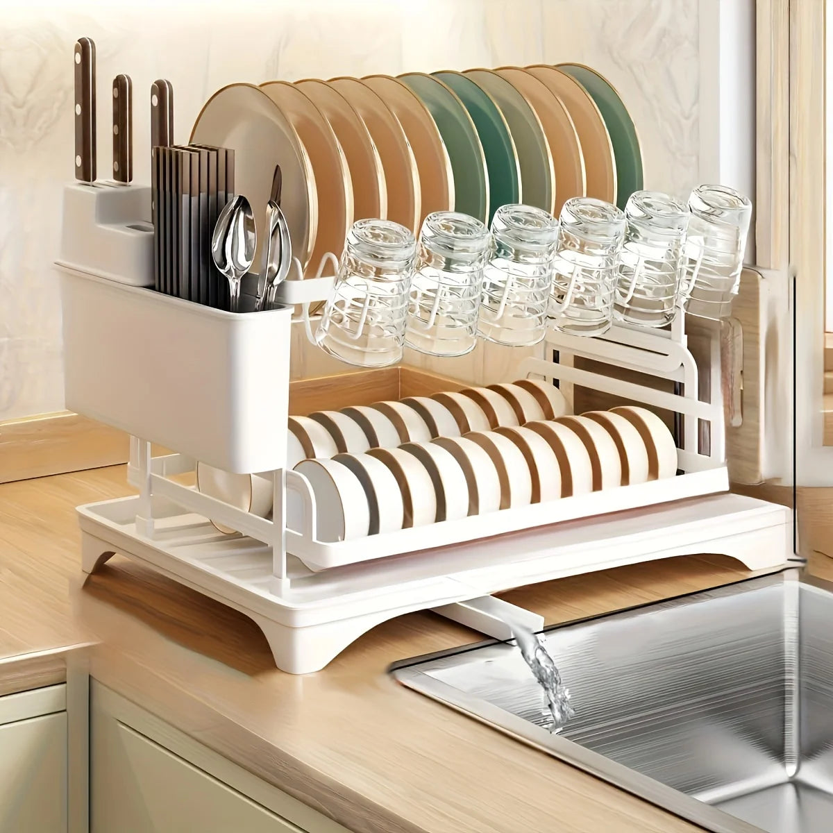 Kitchen Utensil Drying Rack with Drainage Tray, 2 Tier Detachable Dish Rack for Kitchen Counter, Large Capacity Dish Drainer Org