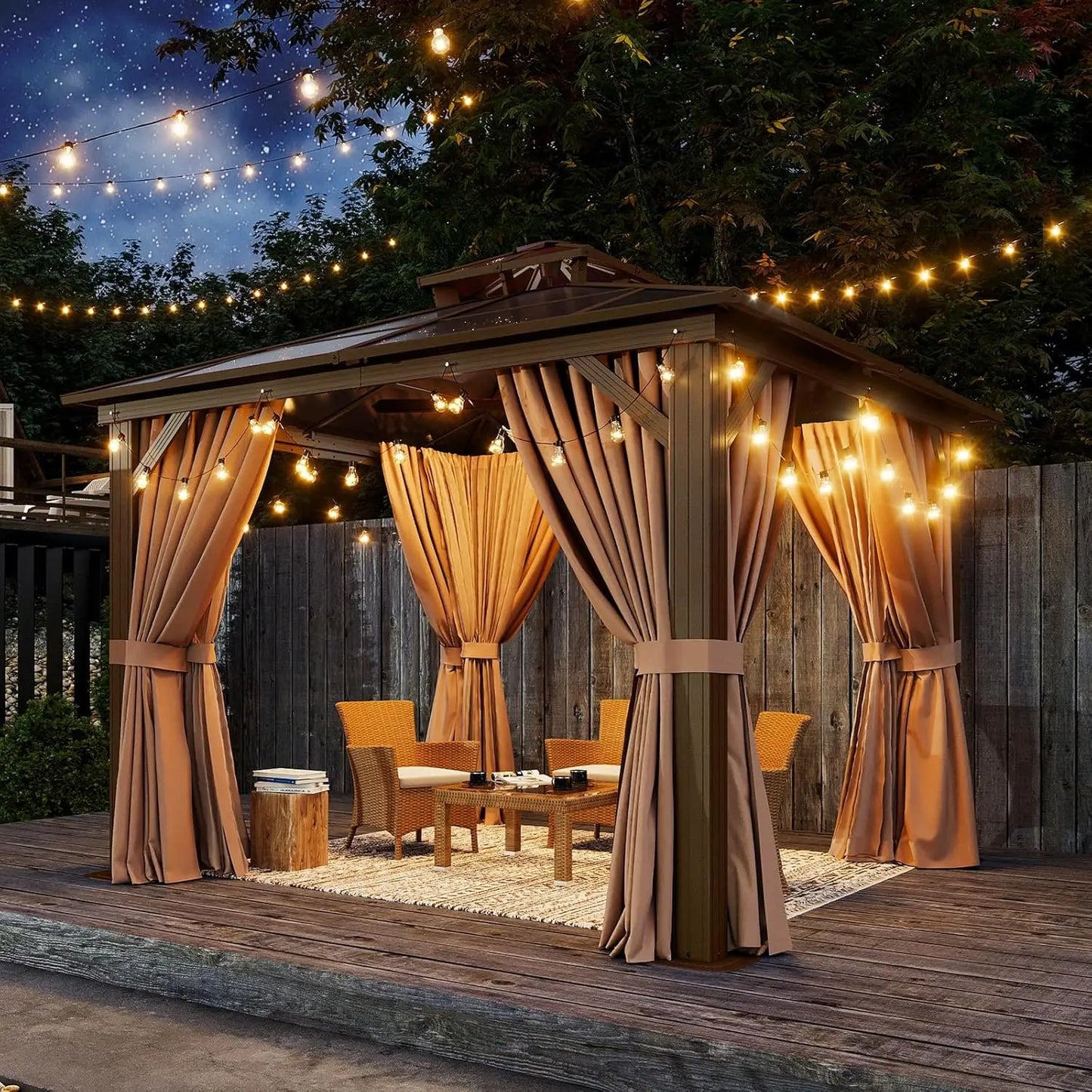 10'x10' Hardtop Gazebo, Outdoor Polycarbonate Double Top Canopy, Aluminum Frame Gazebo with Netting and Curtains,Customized