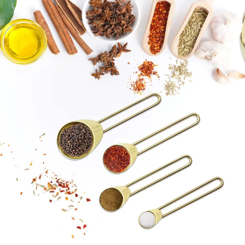 Gold Measuring Cups And Spoons 8 Pieces With Wooden Handles