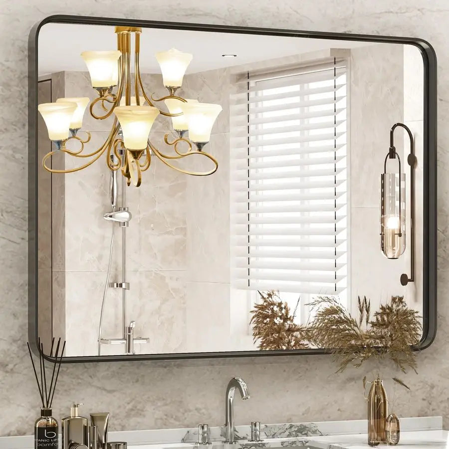 Black Vanity Bathroom Mirror for Wall, Metal Framed Rounded Rectangular Modern Mirrors for Over Sink, 30x40 Inch for Farmhouse,