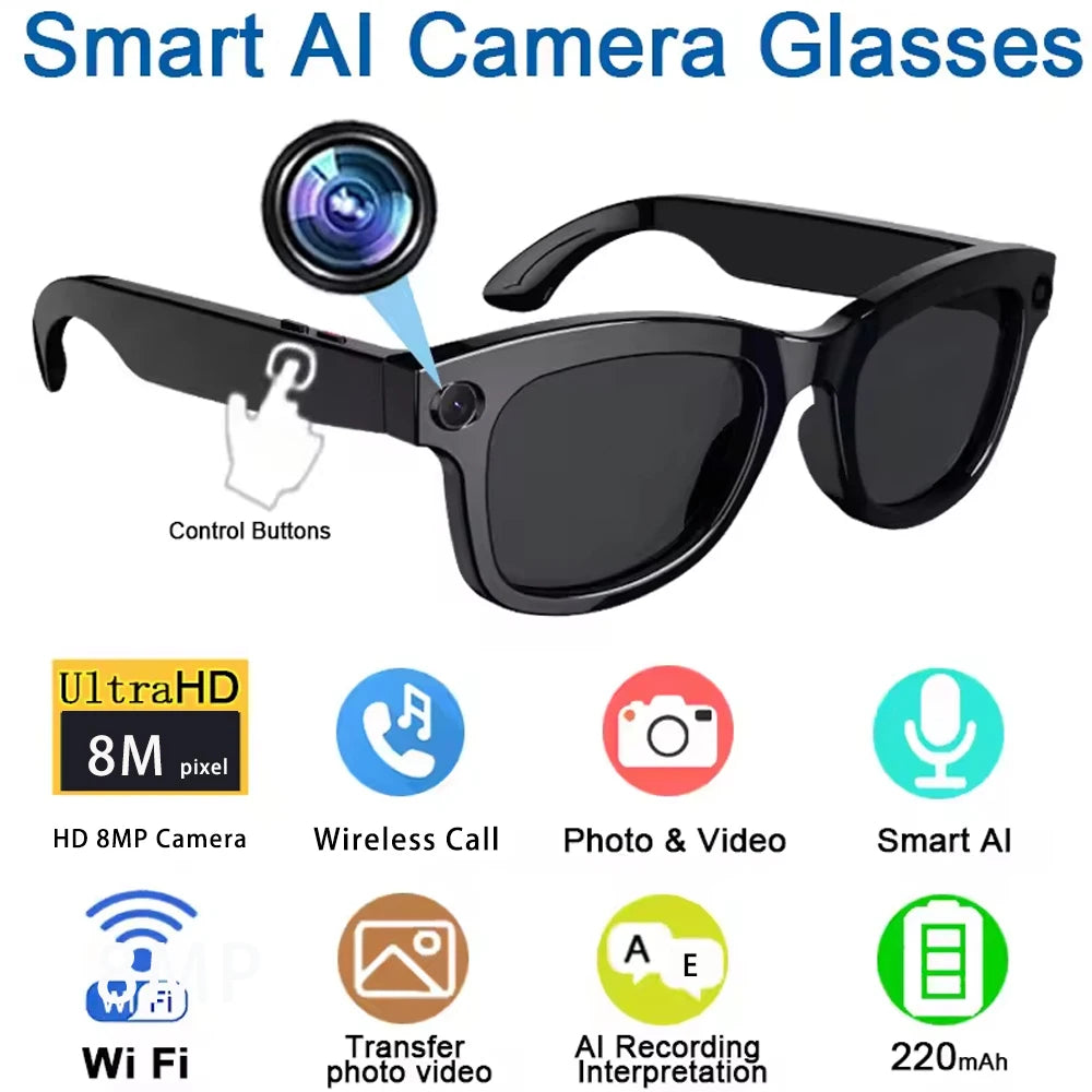 SENBONO Smart Glasses With AI Translator 8MP Camera 4K HD Take Videos And Photo Sunglasses BT Call for Men Women Fashion Glasses
