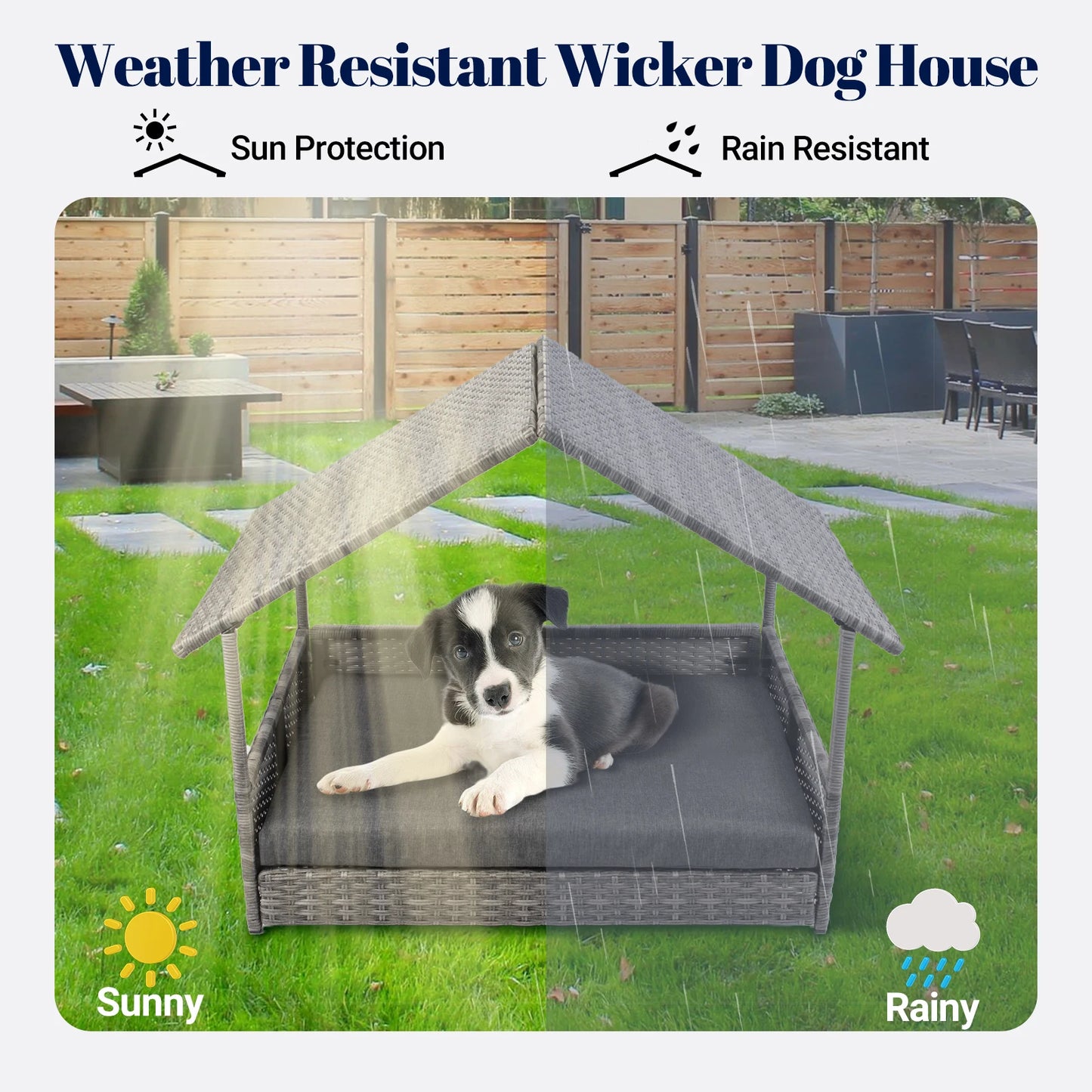 Wicker Dog House Canopy Elevated Rattan Bed Water Resistant Cushion