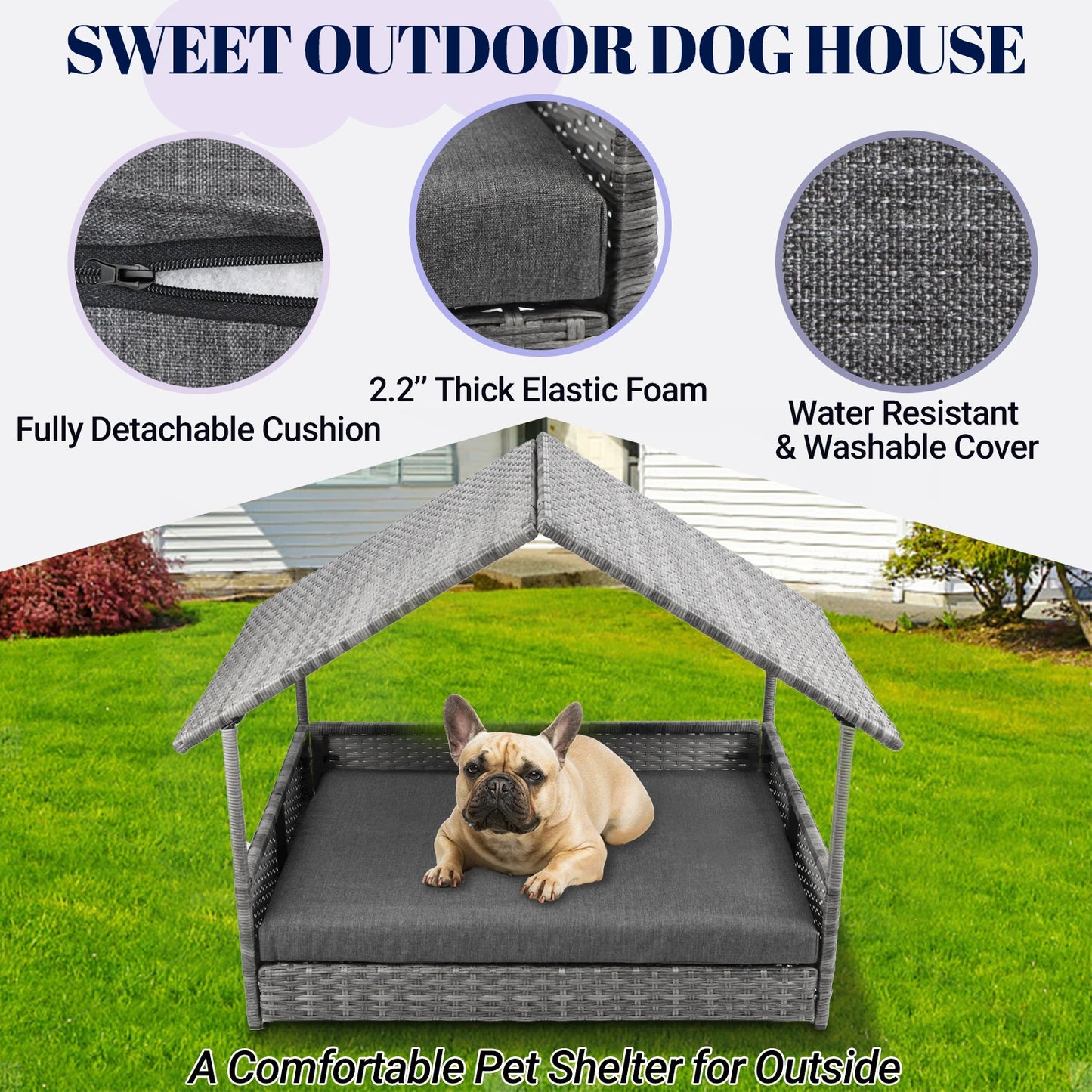 Wicker Dog House Canopy Elevated Rattan Bed Water Resistant Cushion