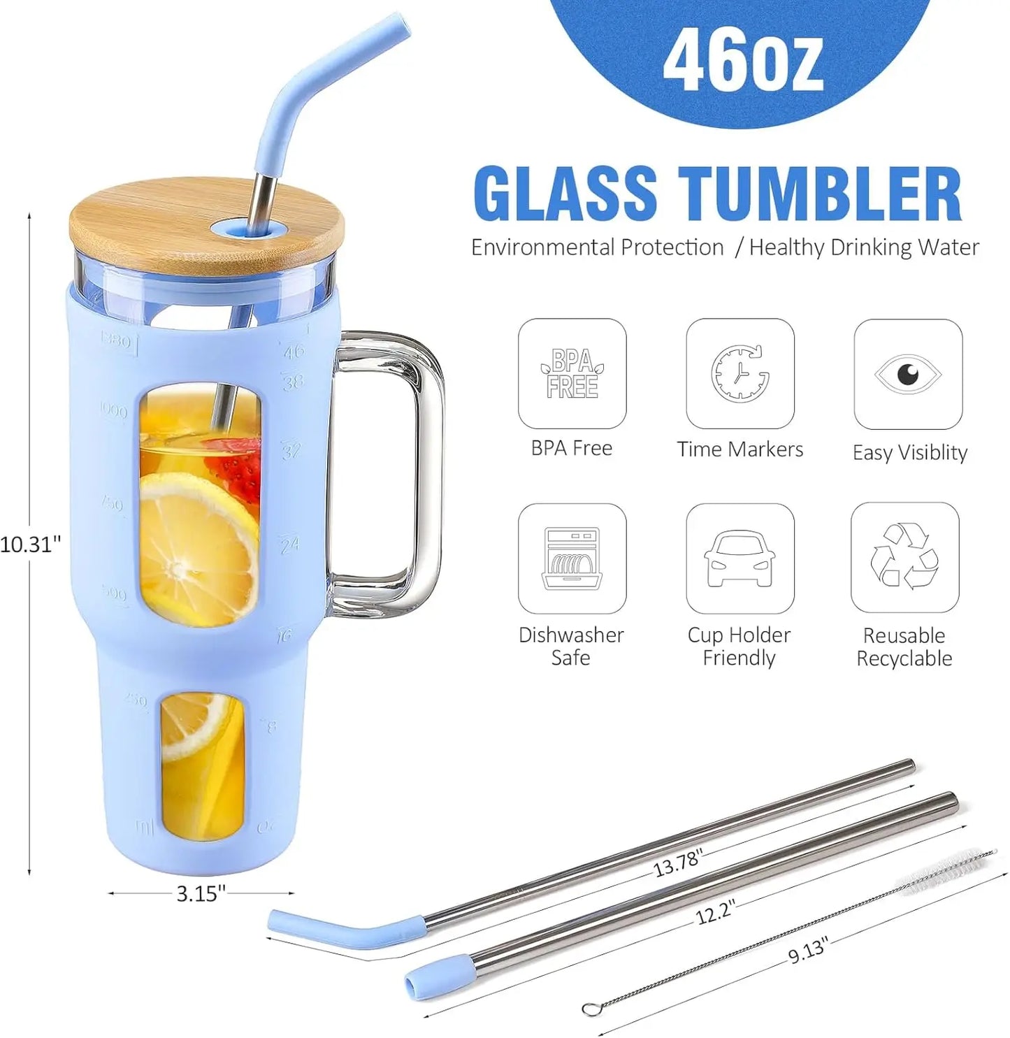 46oz Glass Tumbler with Lid, Straw & Handle - BPA Free, Dishwasher Safe for Iced Coffee and Water