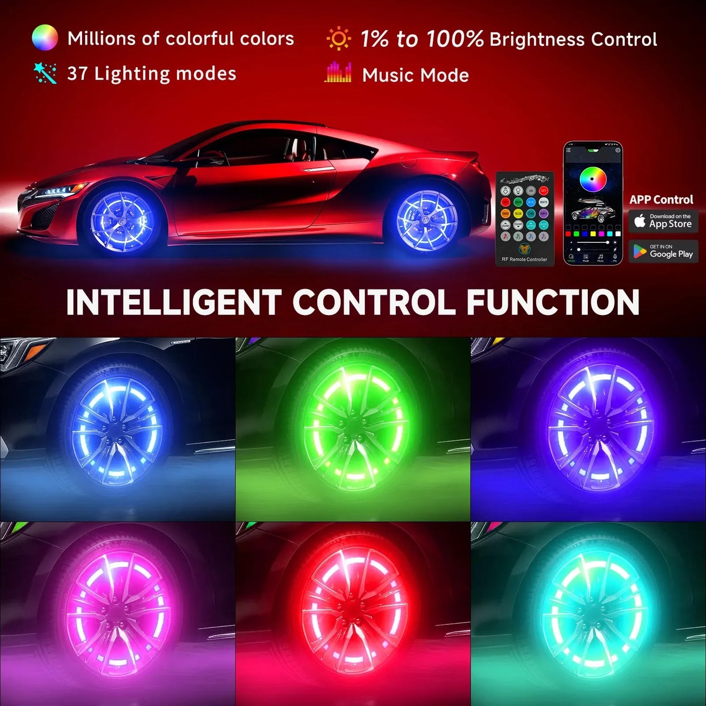 RGB Car Hub Lamp Kit With Waterproof LED Strip Lights