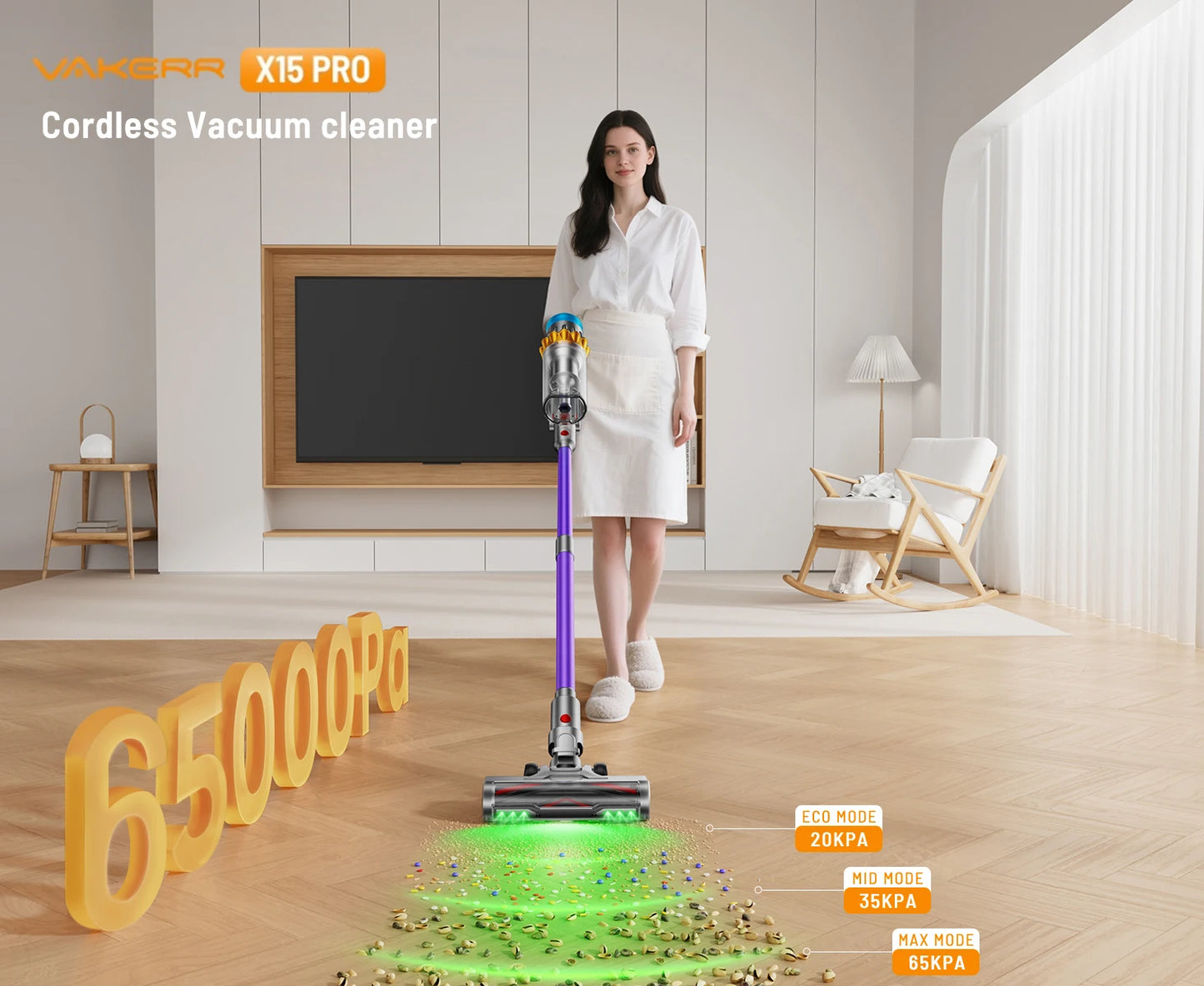 VAKERR X15 Pro 650W Cordless Vacuum Cleaner 65KPA Strong Suction for Pet Hair and Carpet 70Mins Runtime Household cleaning