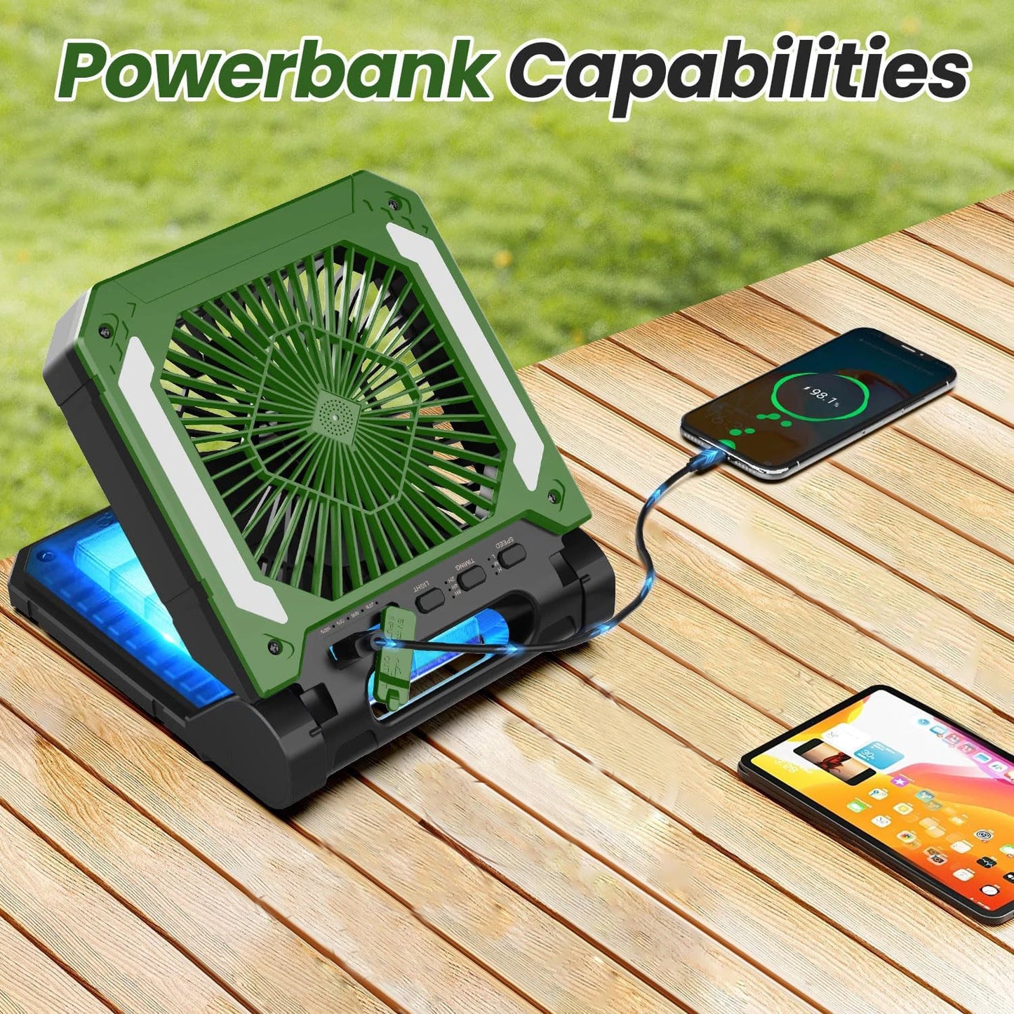Cordless Portable Electric Fan With Led Light Tent Car Camping Hook&USB&Solar Charging For Hiking Fishing Picnic Emergency