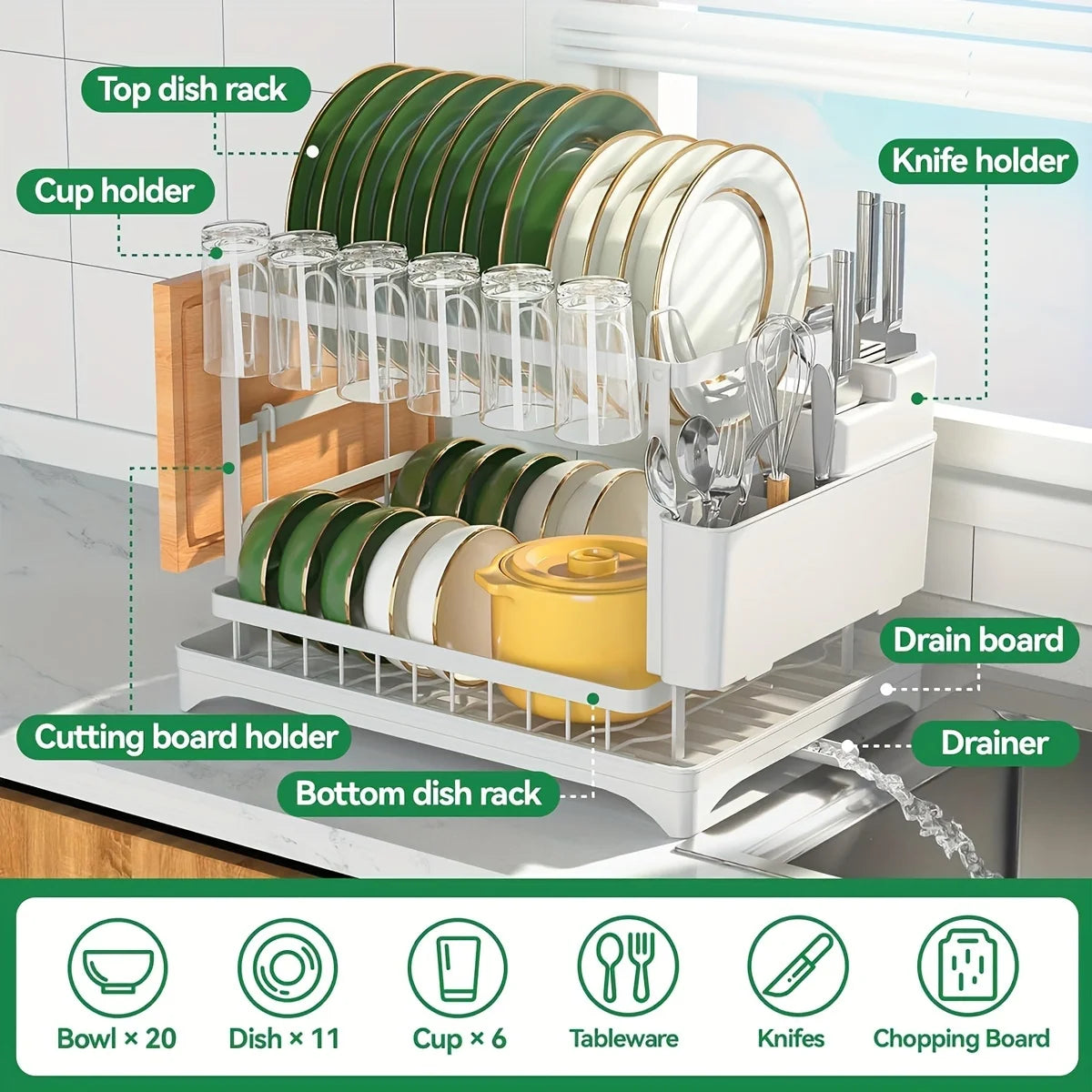 Kitchen Utensil Drying Rack with Drainage Tray, 2 Tier Detachable Dish Rack for Kitchen Counter, Large Capacity Dish Drainer Org