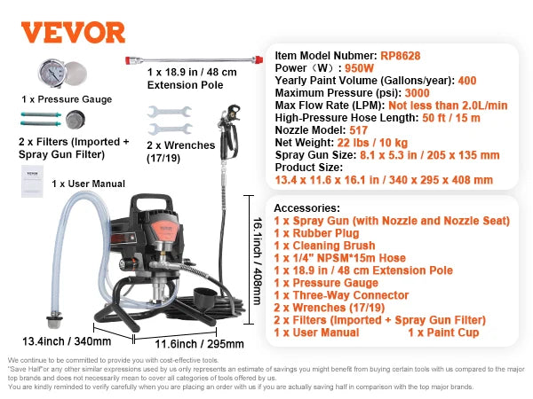 SucceBuy 750W 950W Airless Paint Sprayer 3000PSI High Efficiency Electric Airless Sprayer Handheld Paint Sprayers