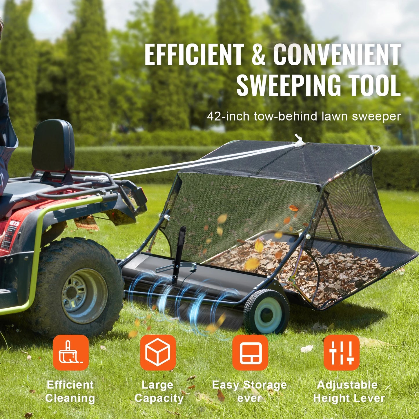 SucceBuy 42-inch Lawn Sweeper Tow Behind 12 cu.ft.Heavy Duty Leaf Grass Collector Adjustable Height for Picking Up Debris Grass