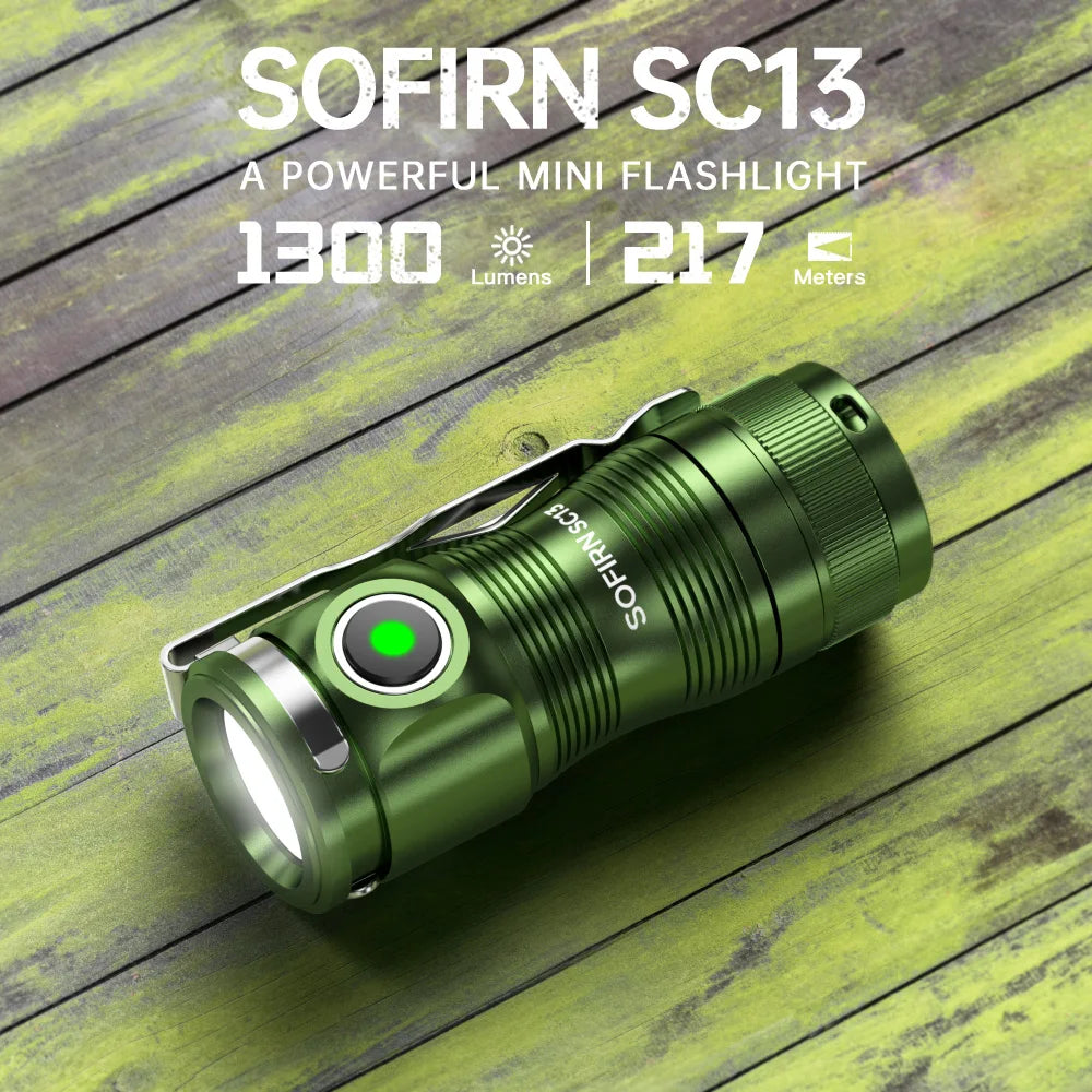 SOFIRN SC13 Mini Flashlight Black Green 519A/SST40 LED 1300lm Tactical 18350 6000K Keychain Emergency Torch