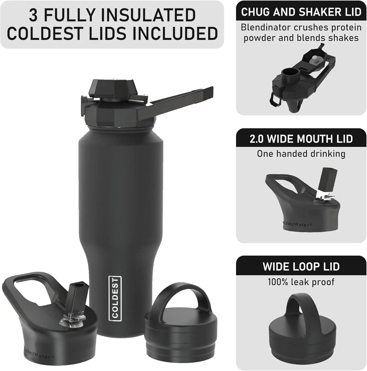 3-in-1 Sports Water Bottle 36oz, Vacuum Insulated Tumbler with Chug Straw & Handle, Leak Proof Stainless Steel Cup for Men Women