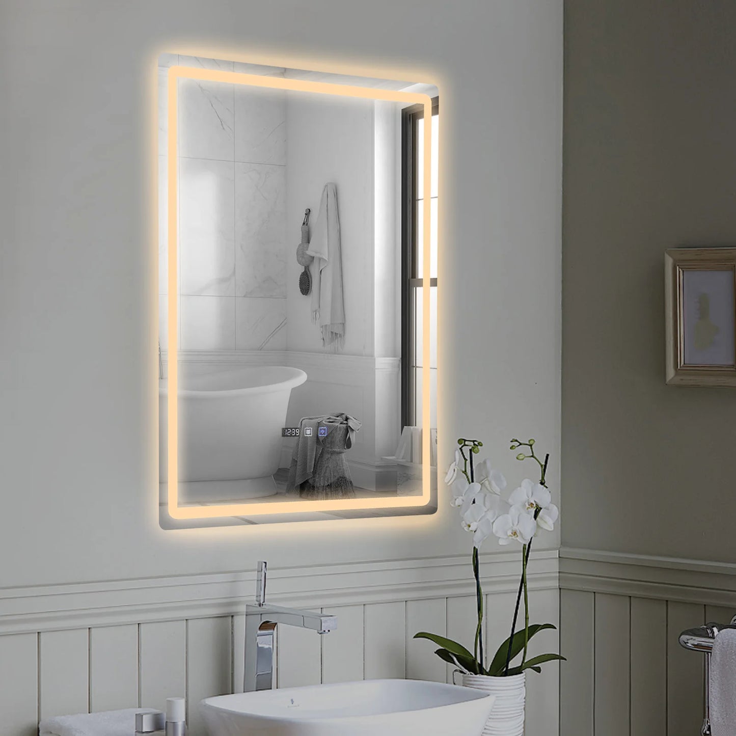 Tri-Color Dimmable LED Bathroom Mirror with Display Demist Touch IP54 Waterproof Wall Mounted Rectangle Makeup Mirror 3 size