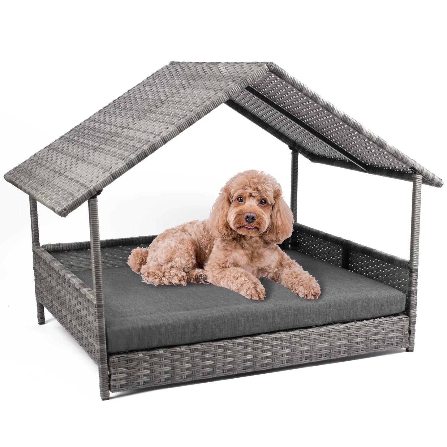 Wicker Dog House Canopy Elevated Rattan Bed Water Resistant Cushion