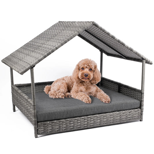 Wicker Dog House Canopy Elevated Rattan Bed Water Resistant Cushion