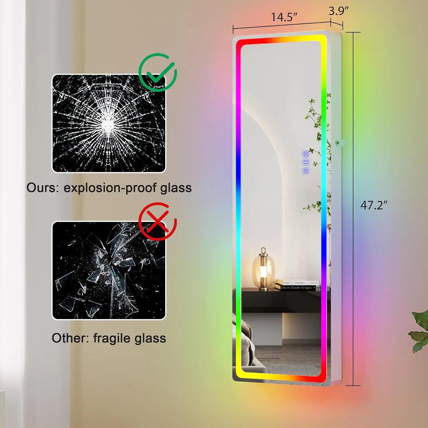 LED Mirror Jewelry Cabinet - with RGB lights,Lockable Wall/Door Mounted Full Length Mirror with Storage,Hanging, Customized