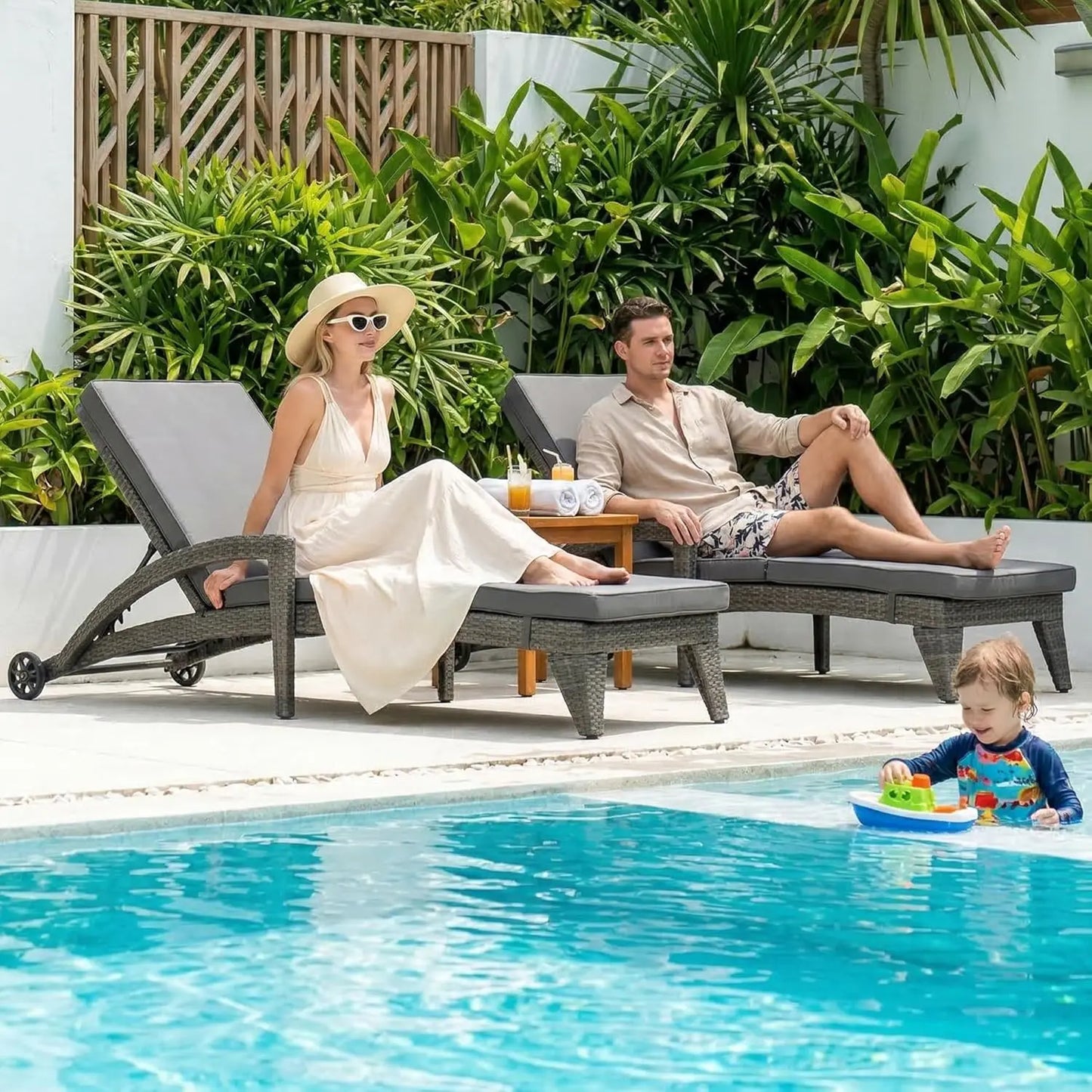4-Position Adjustable Upholstered Chaise Lounge Set 2 Wicker Reclining Chair Wheels Pool Deck Beach Yard, Custom
