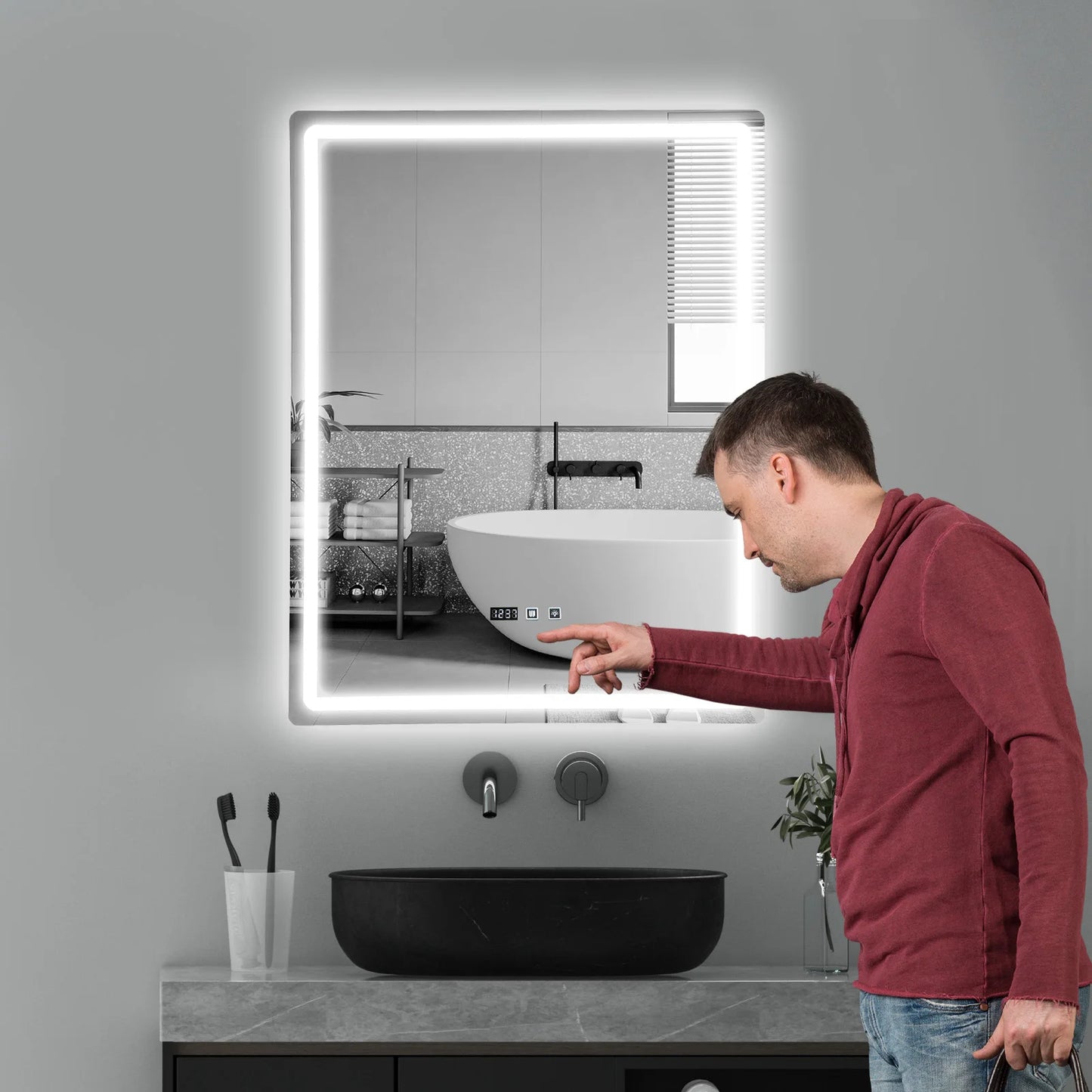 Tri-Color Dimmable LED Bathroom Mirror with Display Demist Touch IP54 Waterproof Wall Mounted Rectangle Makeup Mirror 3 size