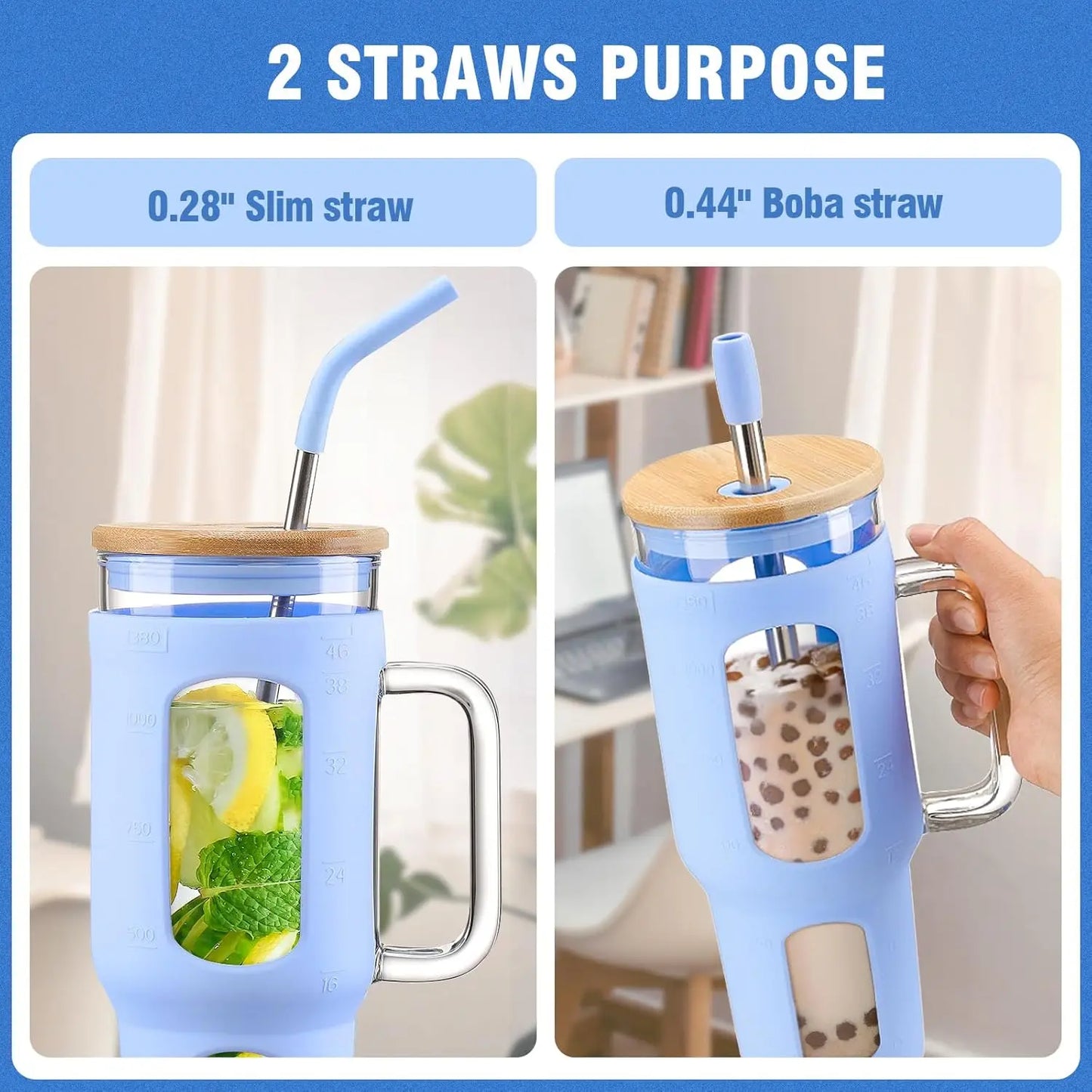46oz Glass Tumbler with Lid, Straw & Handle - BPA Free, Dishwasher Safe for Iced Coffee and Water