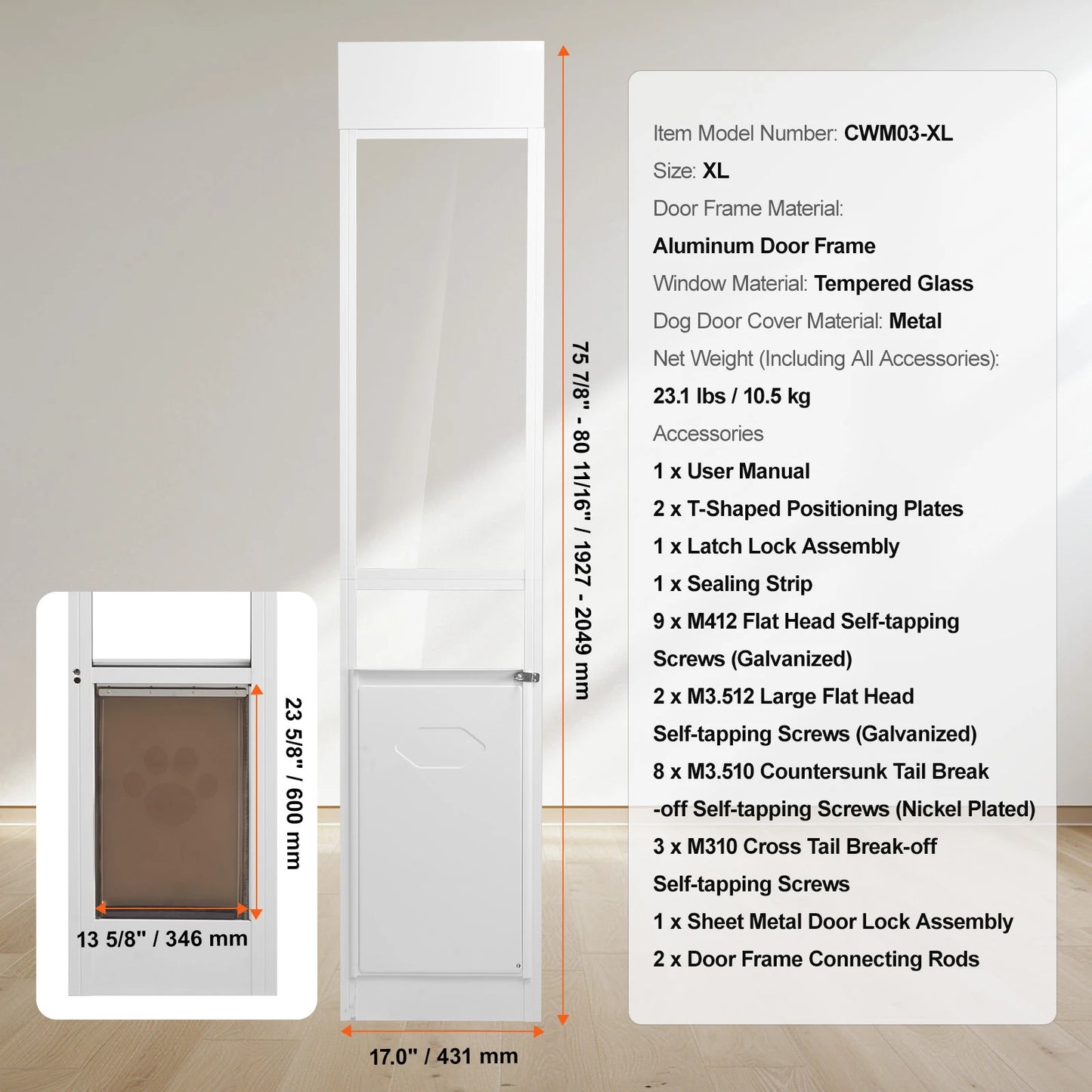 SucceBuy Dog Door Sliding Glass Door Adjustable Height Doggy Door Sliding Doors Aluminum Frame Tempered Glass Pet Door