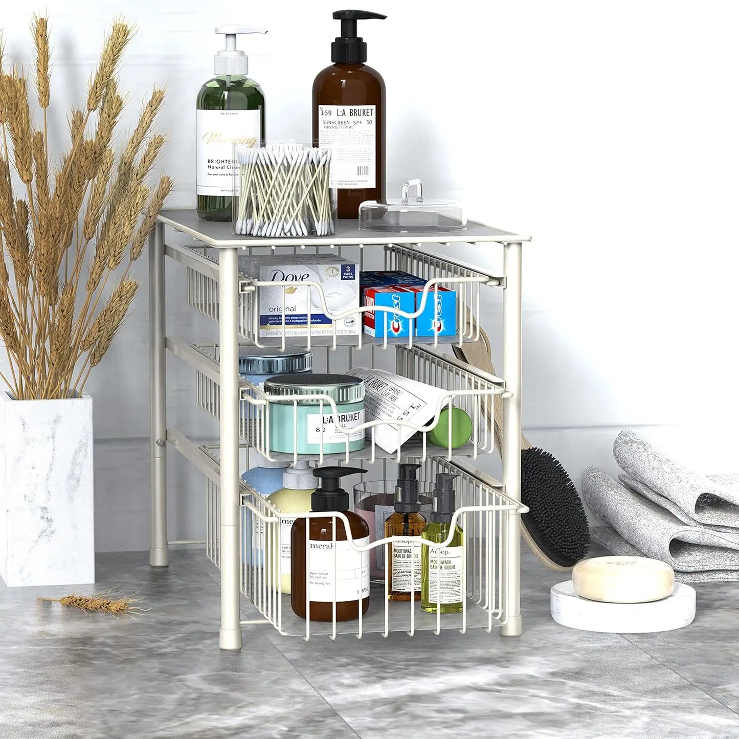 3-Tier Stackable Sliding Basket Storage Organizer Drawer for Bathroom and Kitchen, White