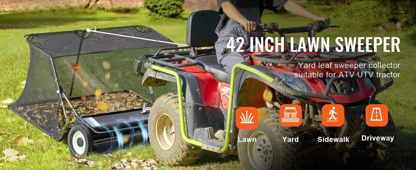 SucceBuy 42-inch Lawn Sweeper Tow Behind 12 cu.ft.Heavy Duty Leaf Grass Collector Adjustable Height for Picking Up Debris Grass