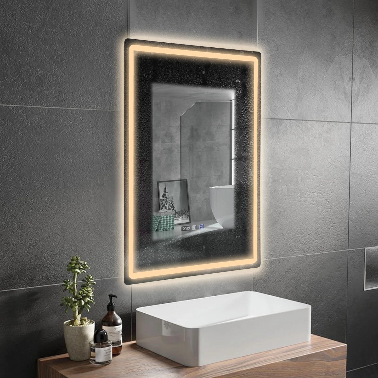 Tri-Color Dimmable LED Bathroom Mirror with Display Demist Touch IP54 Waterproof Wall Mounted Rectangle Makeup Mirror 3 size