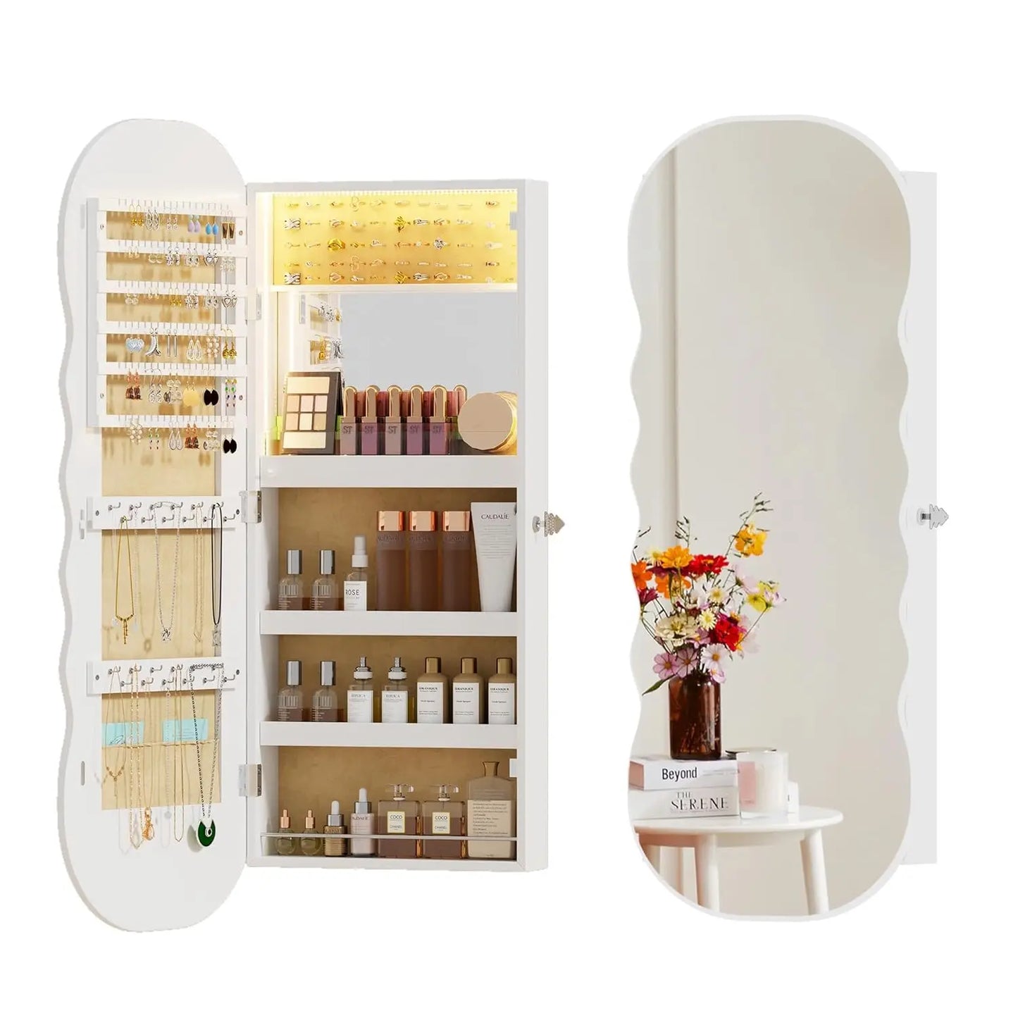 LED Mirror Jewelry Cabinet - with RGB lights,Lockable Wall/Door Mounted Full Length Mirror with Storage,Hanging, Customized