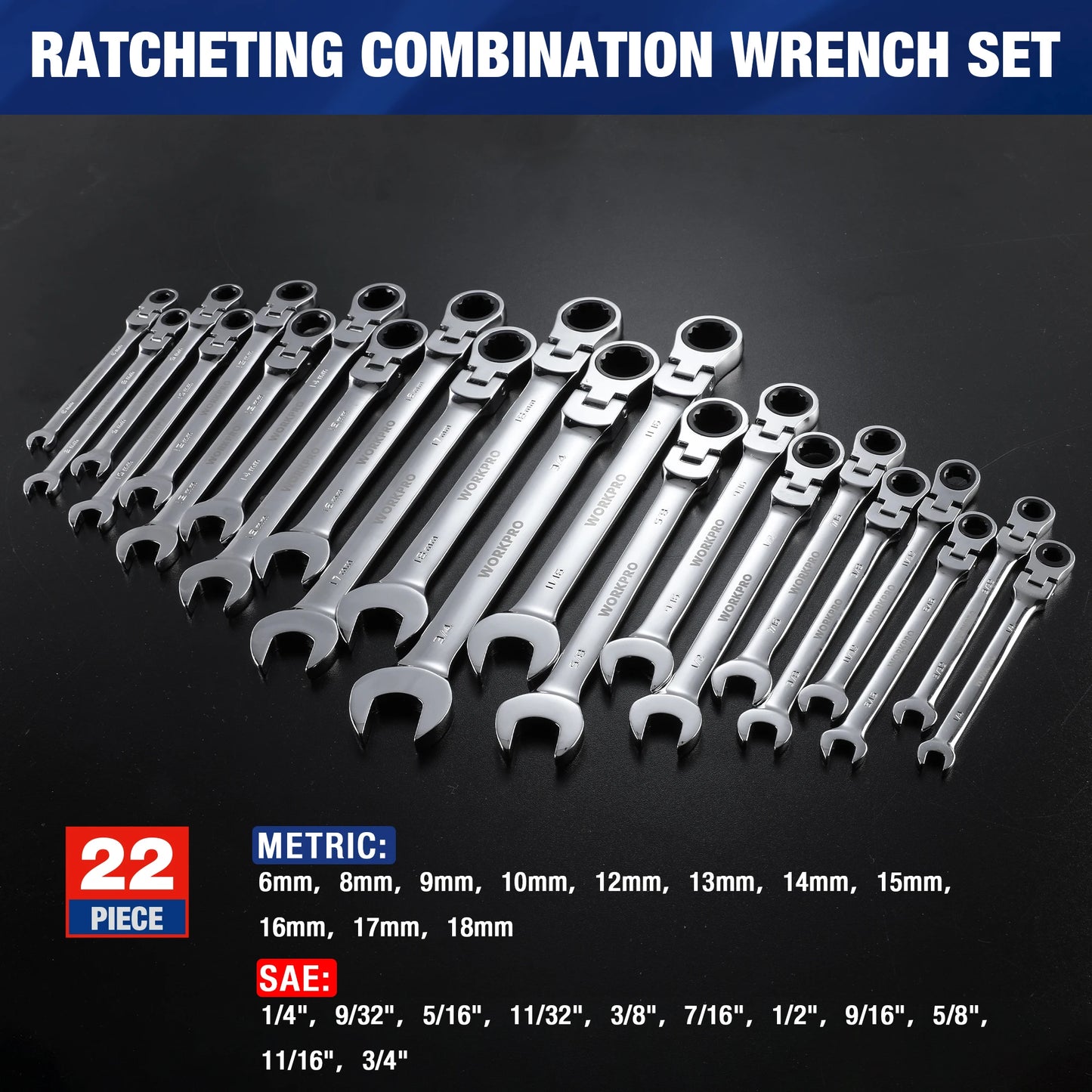 WORKPRO 21pc Ratcheting Wrench Set  with Box ,72 Teeth Wrench with Box, Wrench Repair  Tool Set