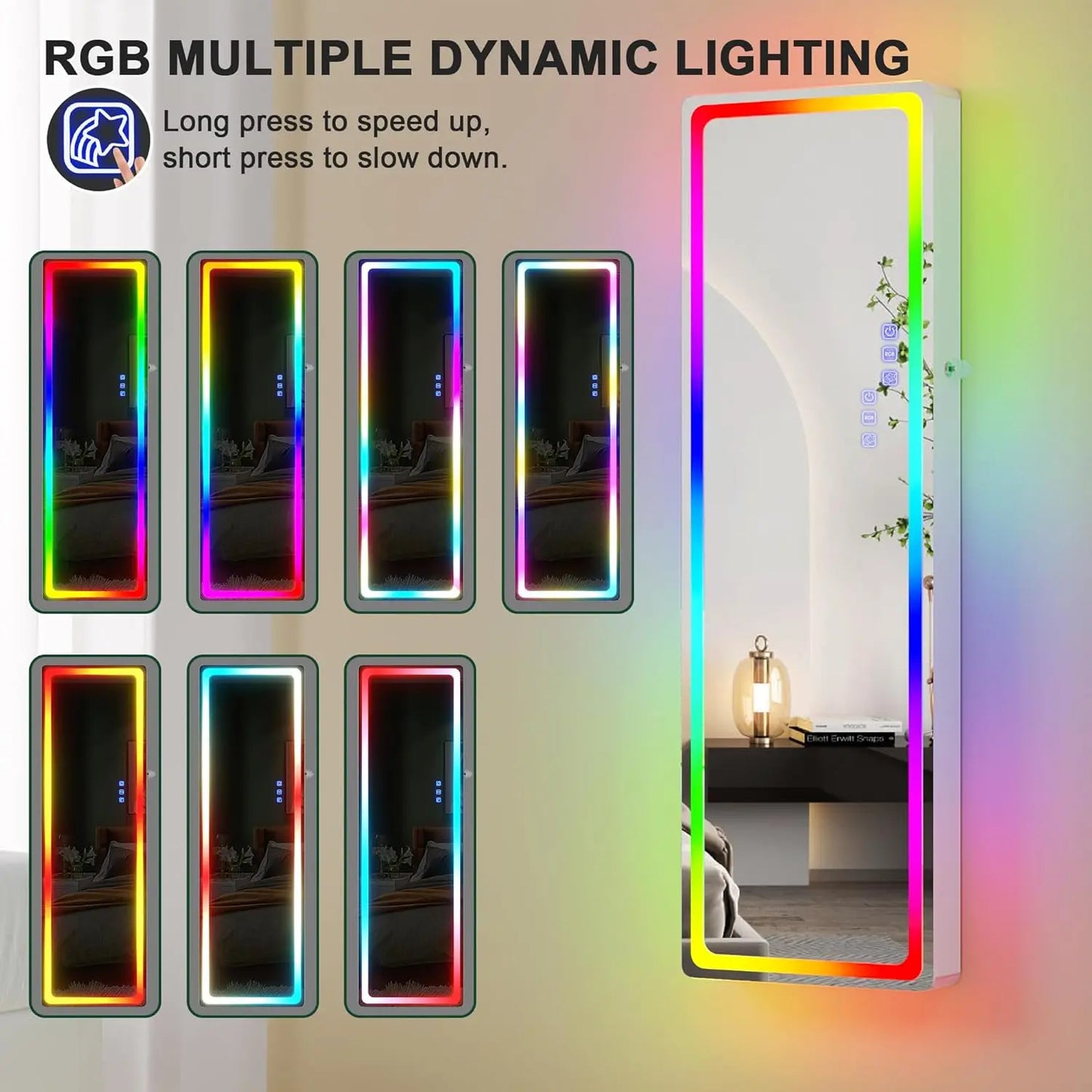 LED Mirror Jewelry Cabinet - with RGB lights,Lockable Wall/Door Mounted Full Length Mirror with Storage,Hanging, Customized