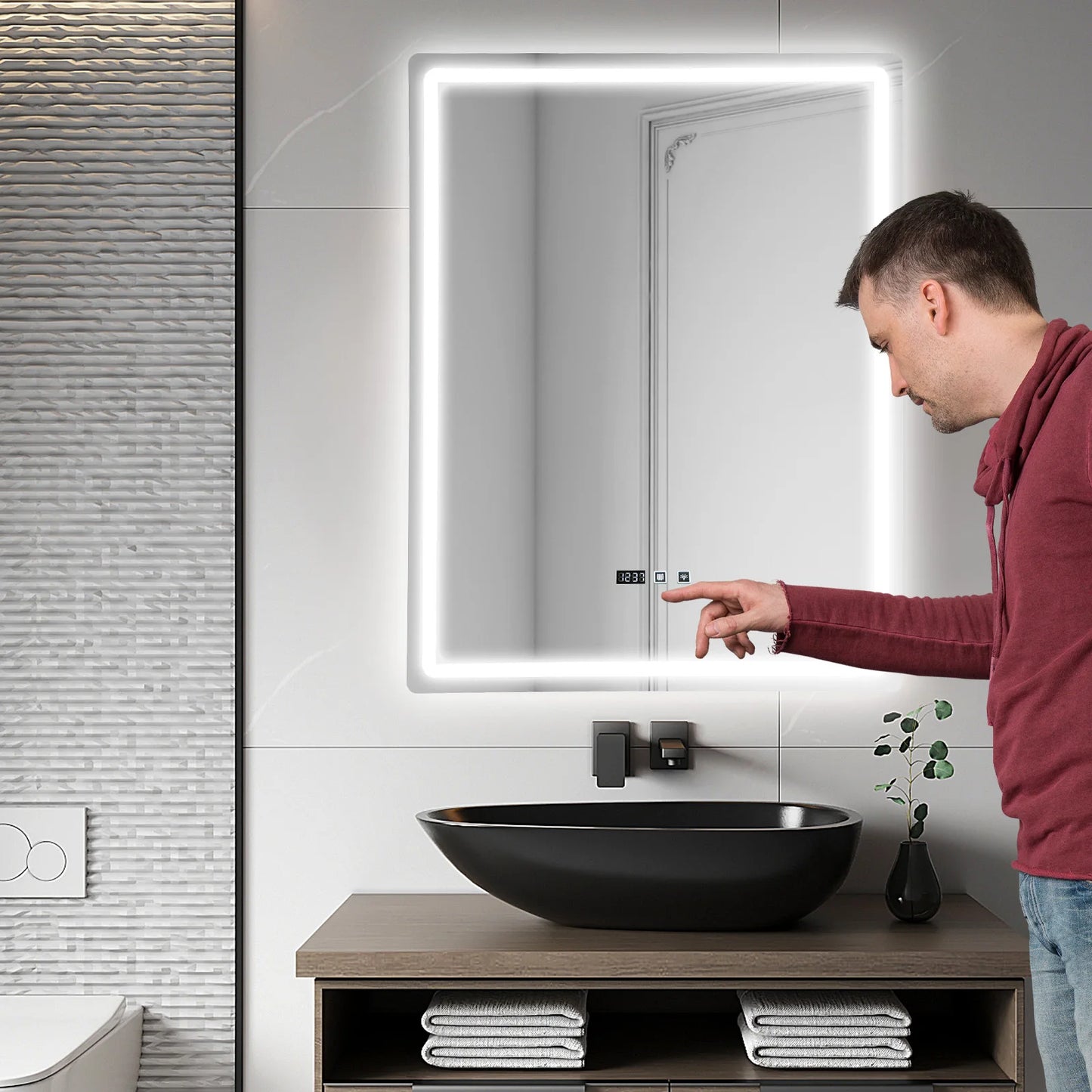 Tri-Color Dimmable LED Bathroom Mirror with Display Demist Touch IP54 Waterproof Wall Mounted Rectangle Makeup Mirror 3 size