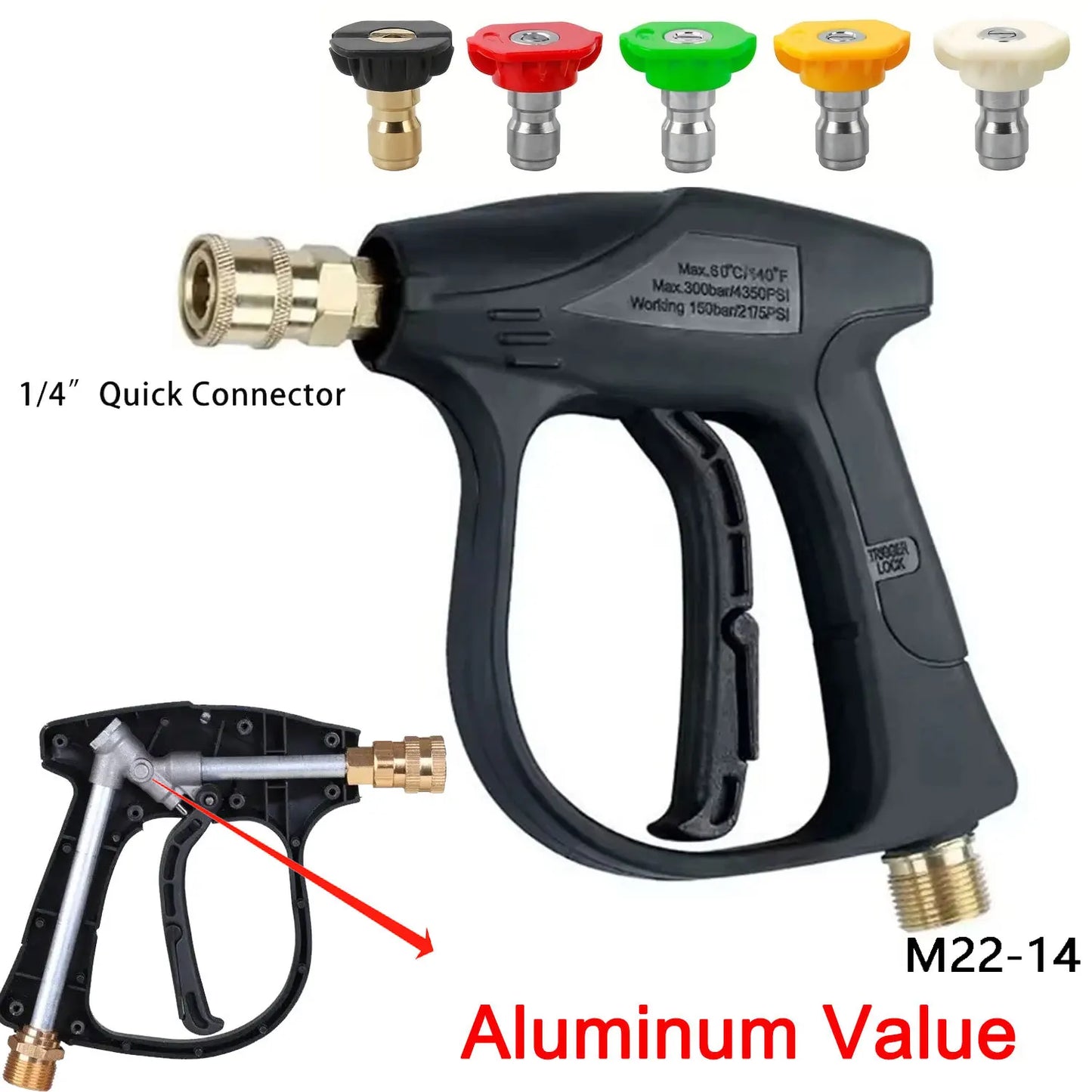 Pressure Washer Gun With Five Soap Nozzles 14mm M22 Socket Quick Release