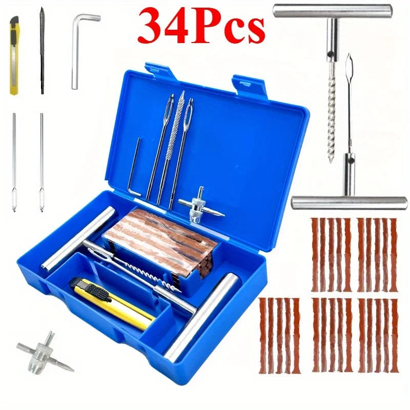 34/58pcs Auto Tire Repair Set Puncture Repair Tools Car Van Motorcycle Bike Emergency Heavy Duty Tubeless Tire Repair Rivet Set
