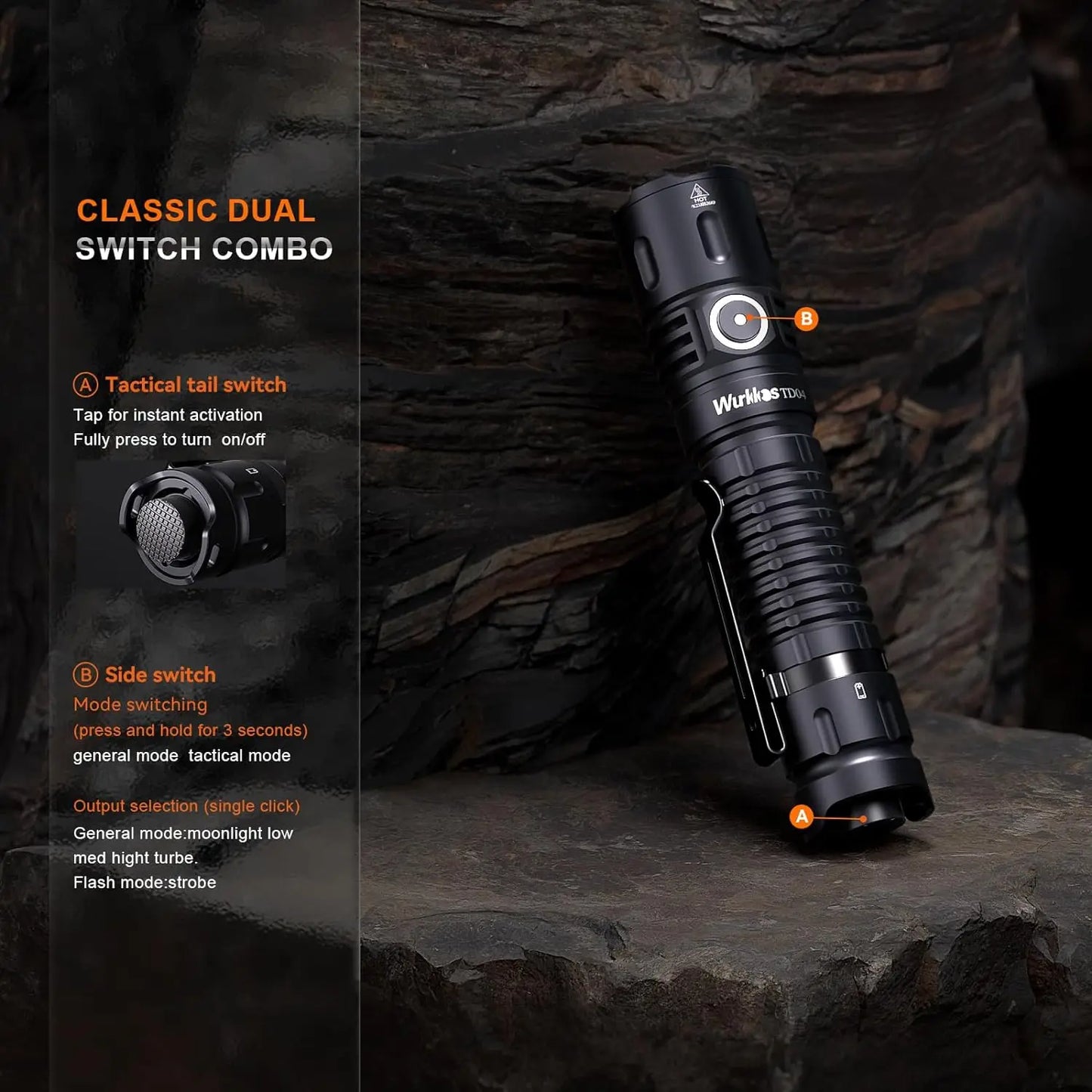 Wurkkos TD04 Flashlight 21700 Rechargeable Dual-Mode Tactical Flashlight USB-C Interface 3000 Lm Everyday Carry with Tail Switch