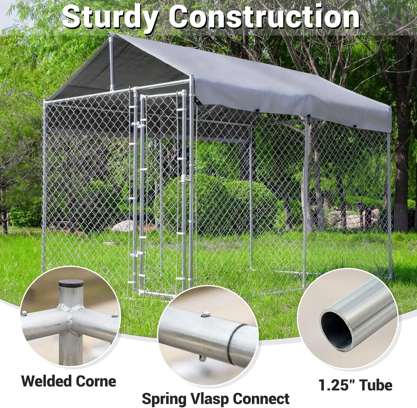 Extra Large Outdoor Dog Kennel, Anti-Rust Galvanized Chain Link Dog Run with Roof, Waterproof UV-Resistant Cover & Secure Lock