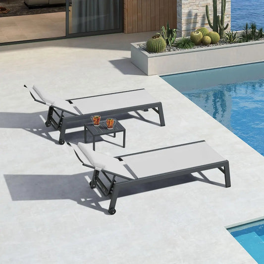 Outdoor Lounge Chair Set of 3 Patio Chaise Pool Lounger Aluminum Frame with Side Table and Wheels for Outside, Customized