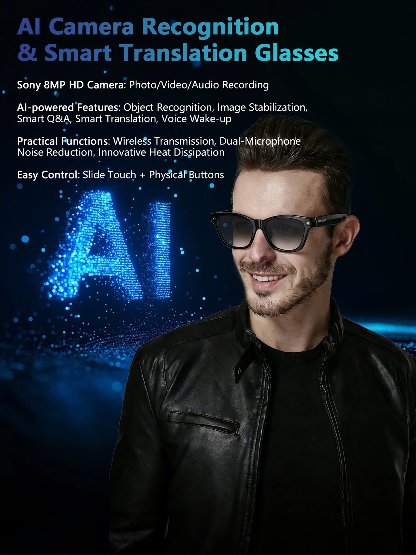 Blackview BV100 AI Smart glasses 800W Pixels 2K HD Camera Bluetooth Call Voice Assistant Translation Speakers&Mic Sunglasses