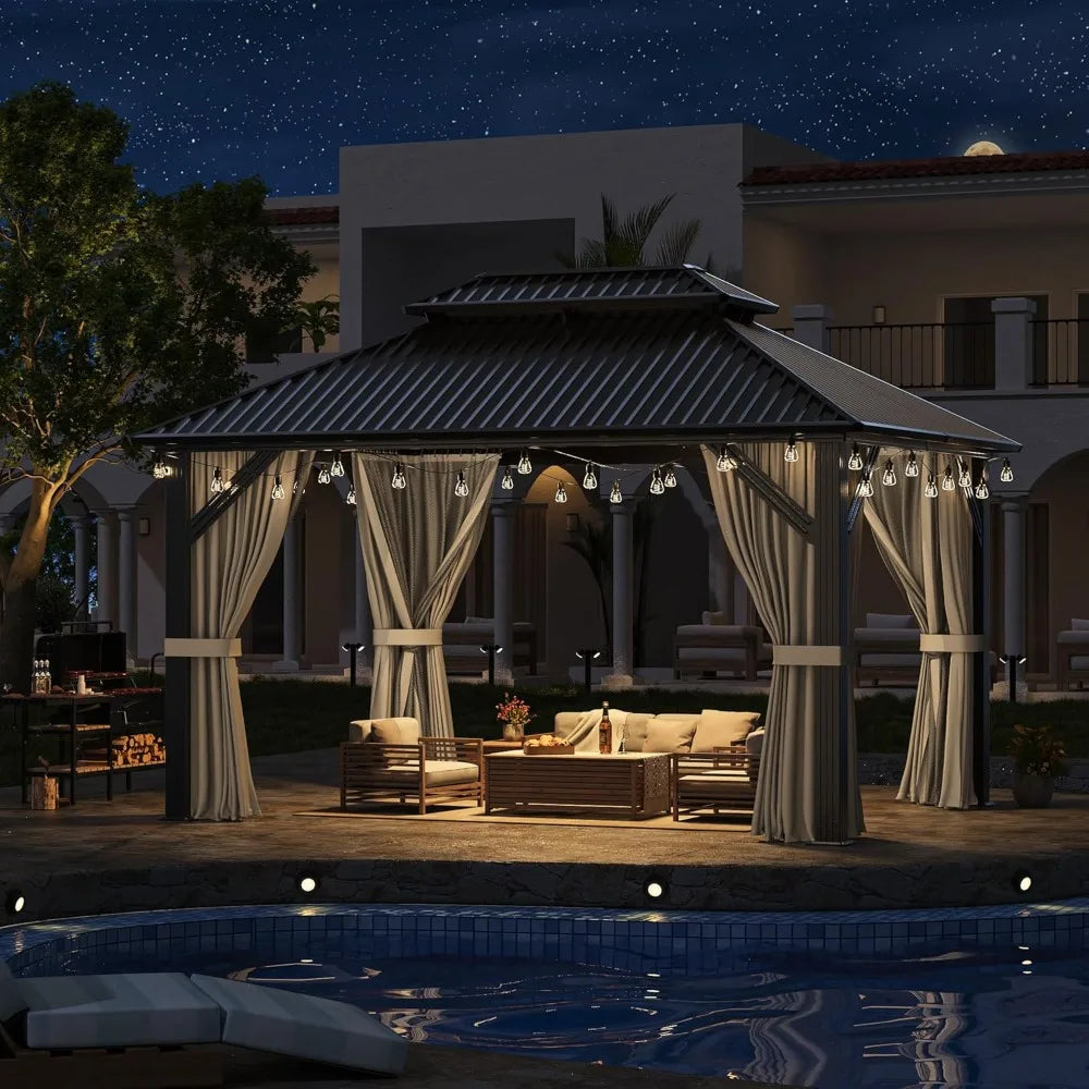 10'x12' Gazebo Hardtop Gazebo, Aluminum Frame Pergola with Double Galvanized Steel Roof, Permanent Outdoor Metal, Customized