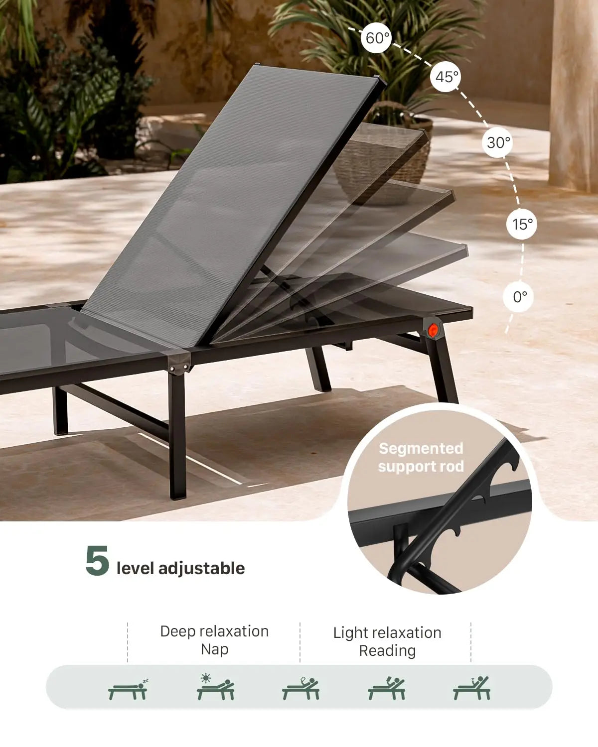 Adjustable Aluminum Chaise Lounge Chair Outdoor Metal Deck Lounger 5-Position Recliner Foldable Pool Chase Customized