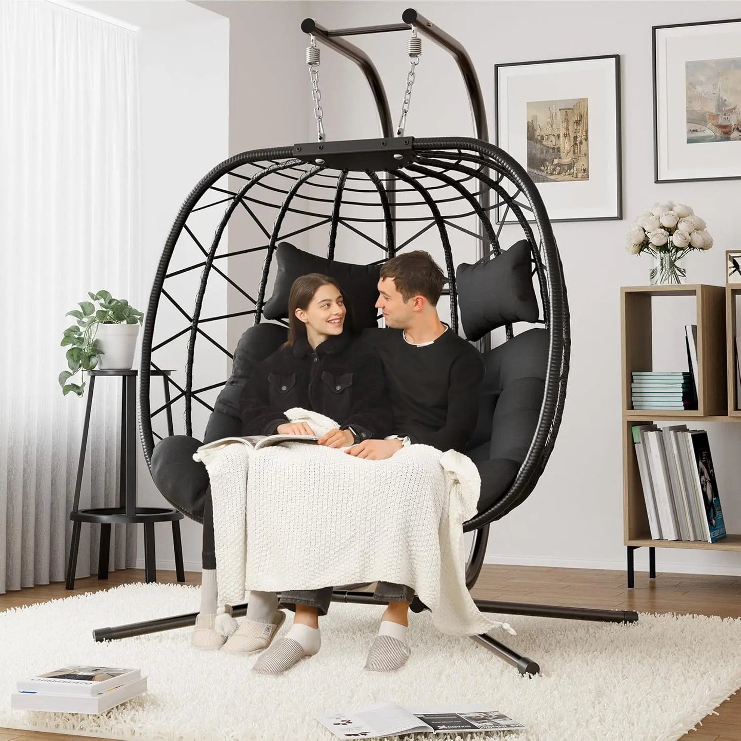 Double Swing Egg Chair with Stand, Oversized 2 Person Indoor Outdoor Wicker Patio Basket Hanging Chair with Black, Customized