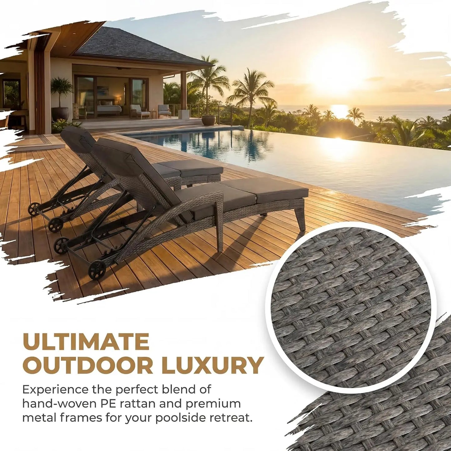 4-Position Adjustable Upholstered Chaise Lounge Set 2 Wicker Reclining Chair Wheels Pool Deck Beach Yard, Custom