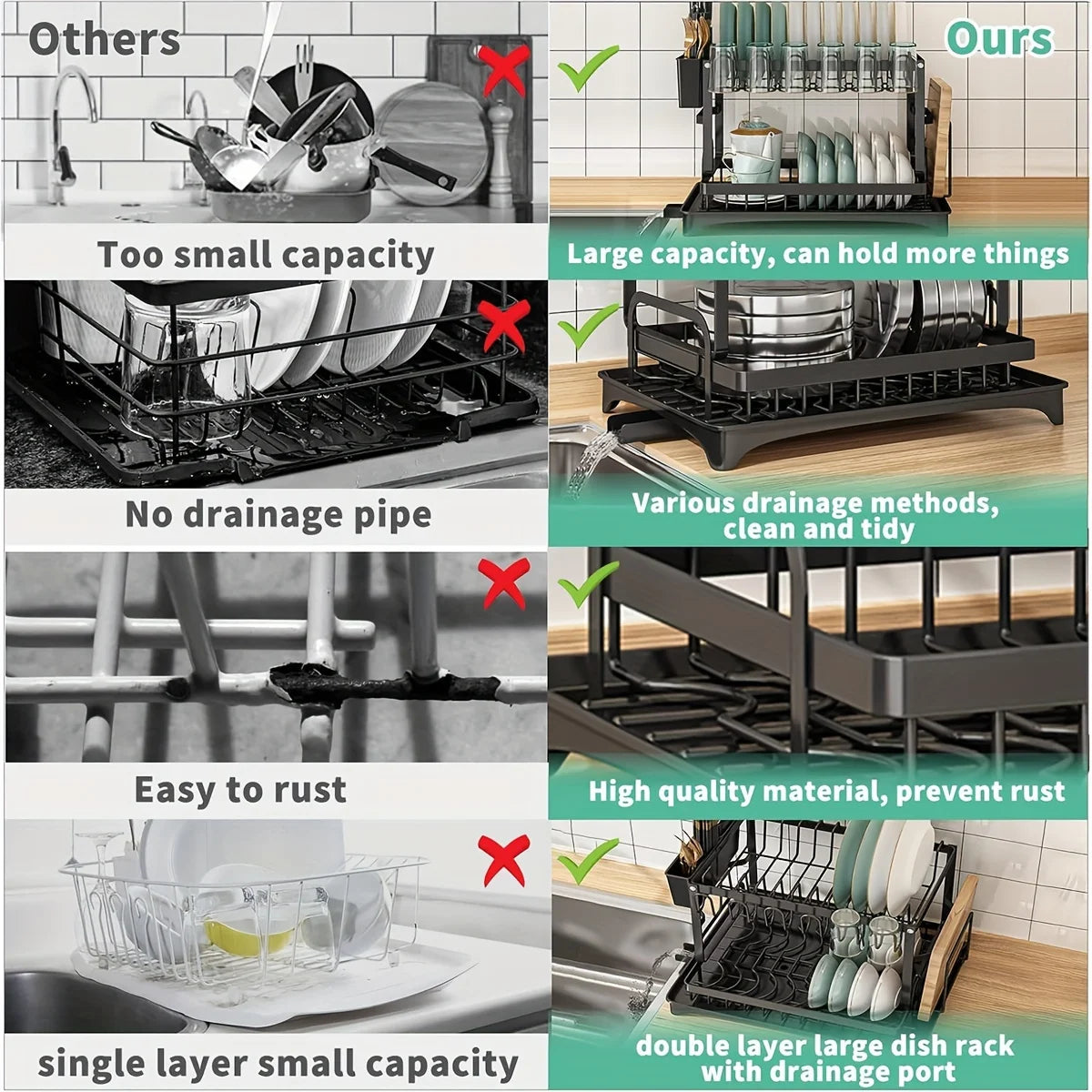 Kitchen Utensil Drying Rack with Drainage Tray, 2 Tier Detachable Dish Rack for Kitchen Counter, Large Capacity Dish Drainer Org