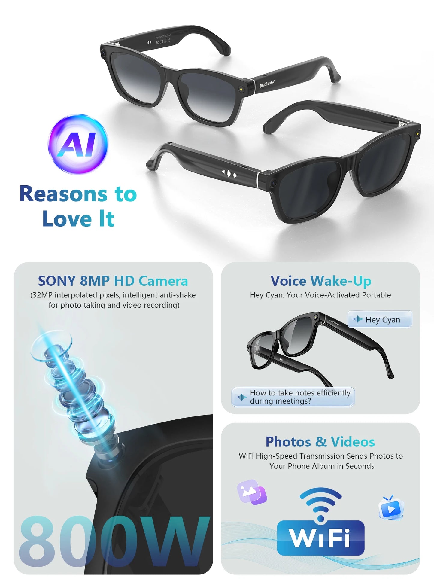 Blackview BV100 AI Smart glasses 800W Pixels 2K HD Camera Bluetooth Call Voice Assistant Translation Speakers&Mic Sunglasses