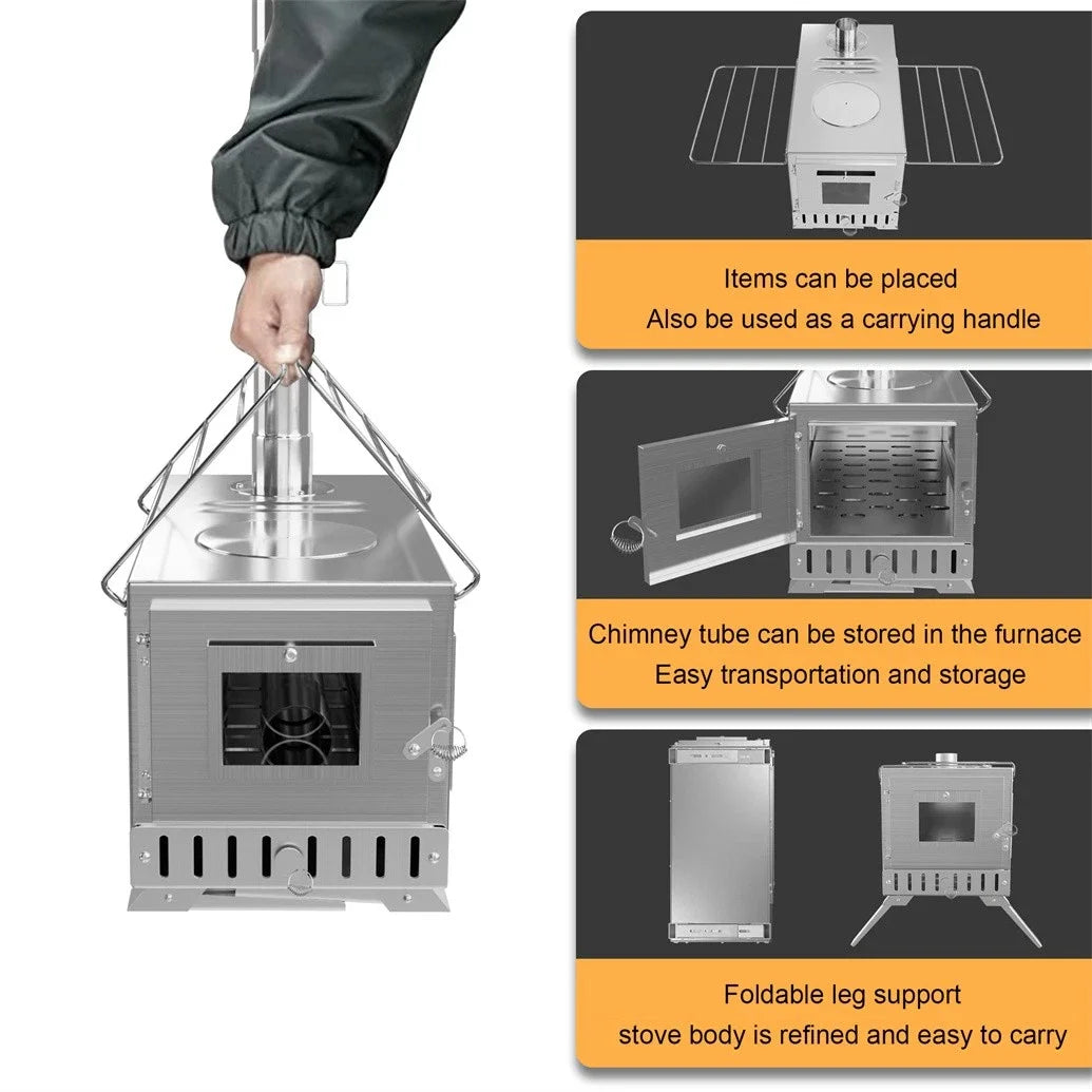 Wood Burning Tent Stove Portable With Stainless Chimney Pipes For Outdoors