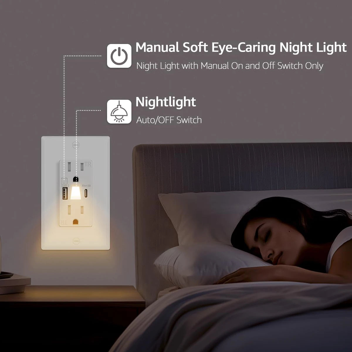 LED Night Light Outlet With 24W USB C Fast Charging