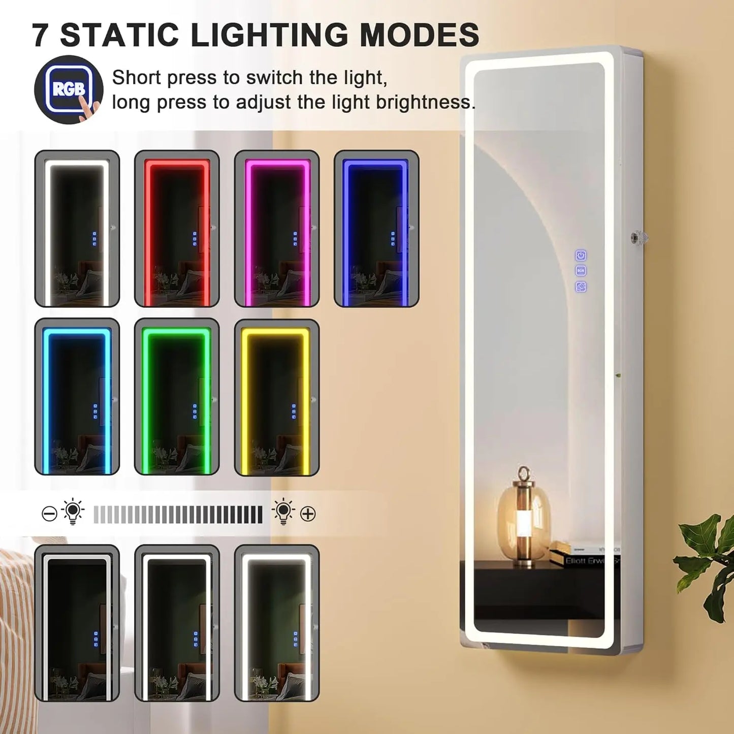 LED Mirror Jewelry Cabinet - with RGB lights,Lockable Wall/Door Mounted Full Length Mirror with Storage,Hanging, Customized