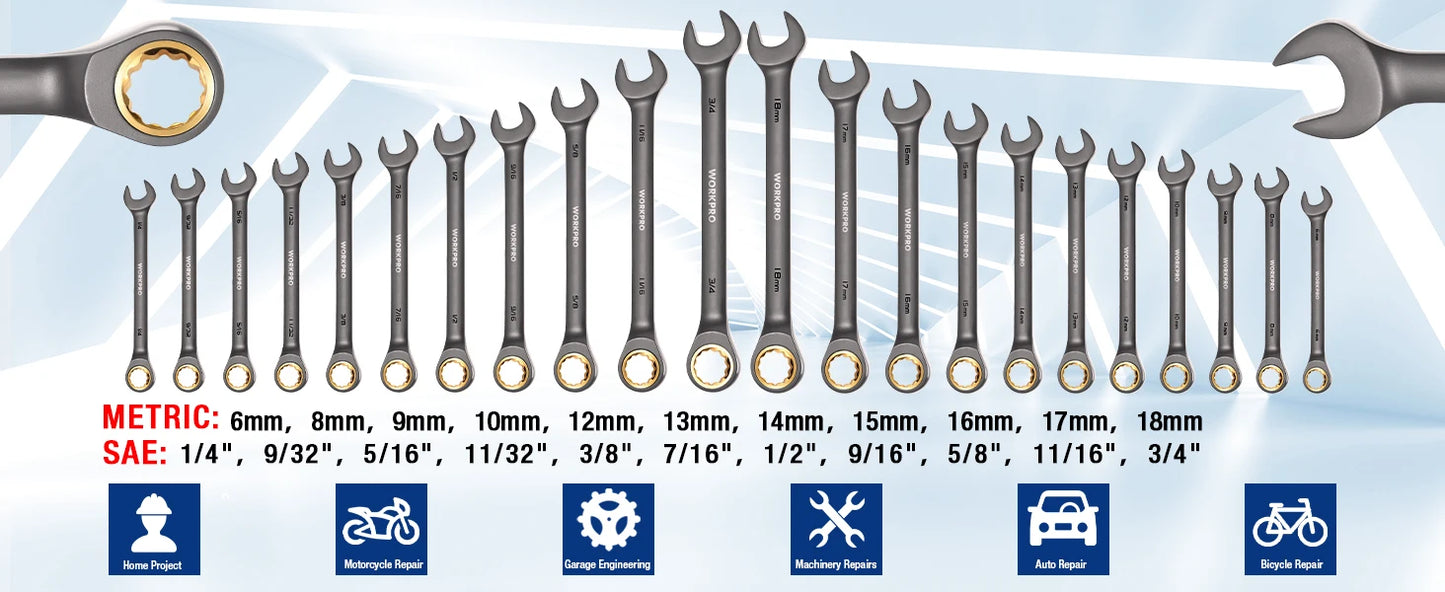 WORKPRO 21pc Ratcheting Wrench Set  with Box ,72 Teeth Wrench with Box, Wrench Repair  Tool Set