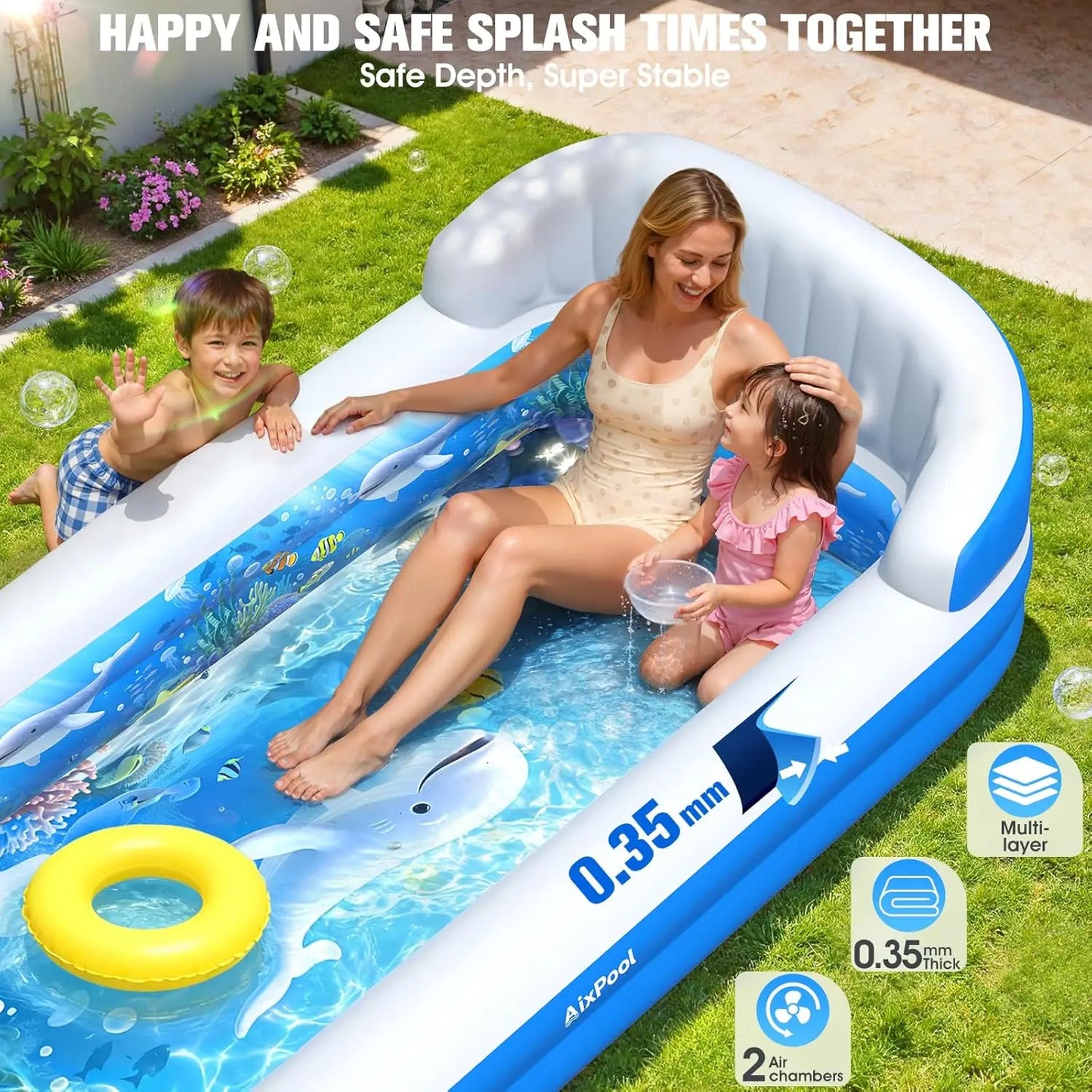 Rectangular Inflatable Pool With Sprinkler Big Backrest For Kids