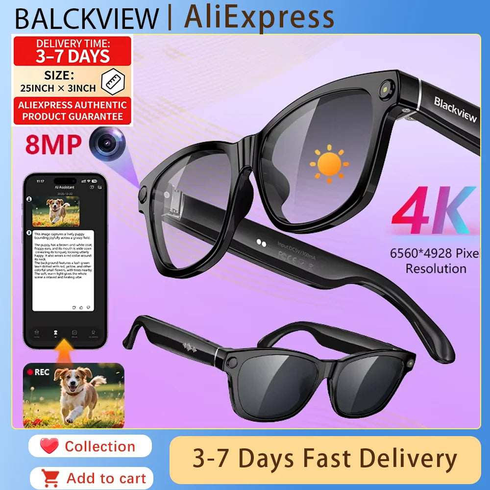 Blackview BV100 AI Smart glasses 800W Pixels 2K HD Camera Bluetooth Call Voice Assistant Translation Speakers&Mic Sunglasses